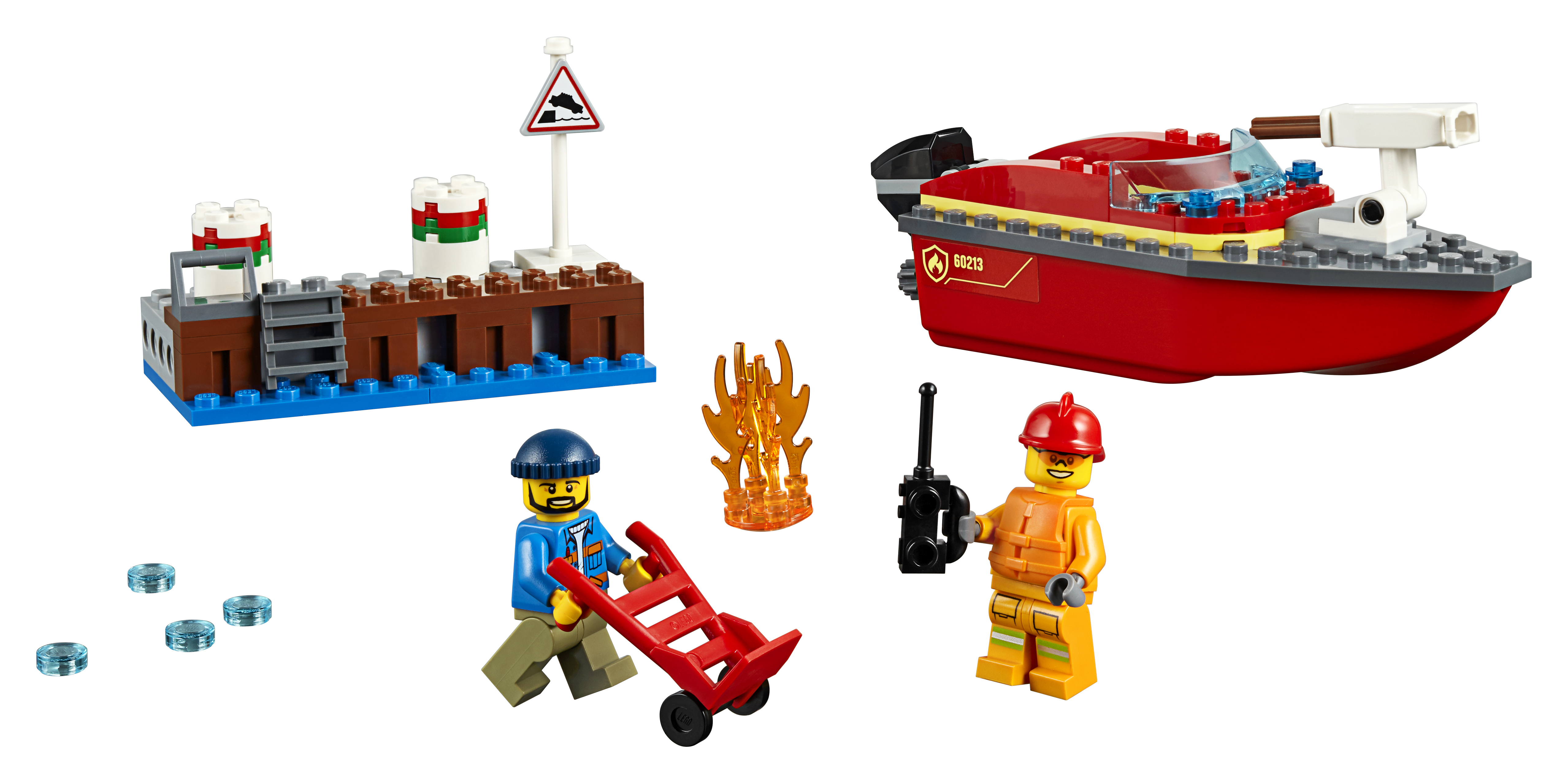 Lego brandweerboot set met figuren en accessoires.