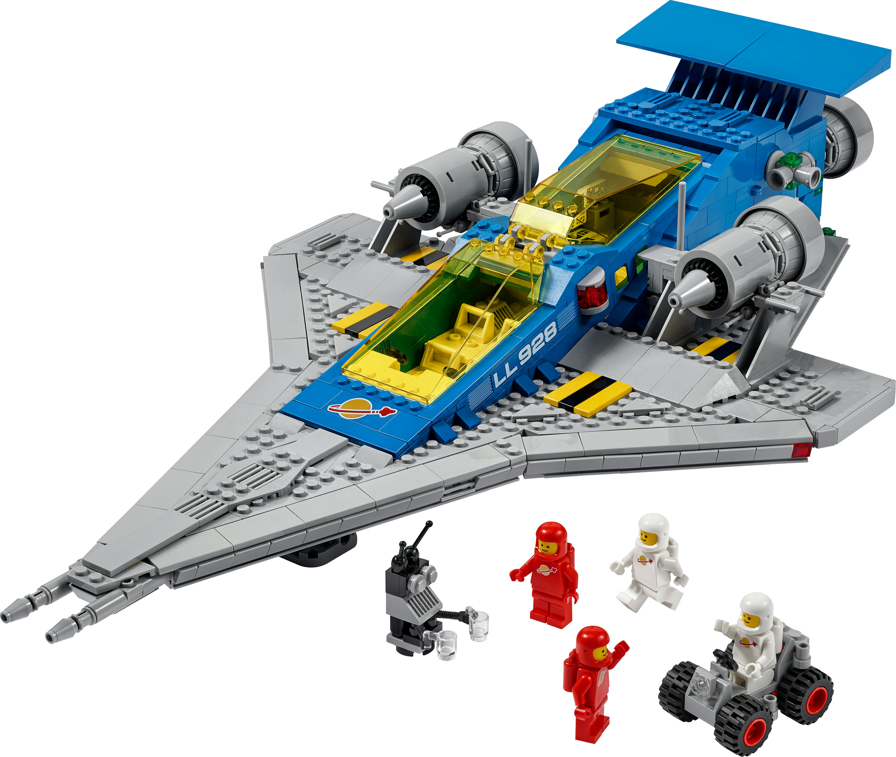 Un'astronave Lego con astronauti e un robot. È blu, grigio, giallo e rosso.