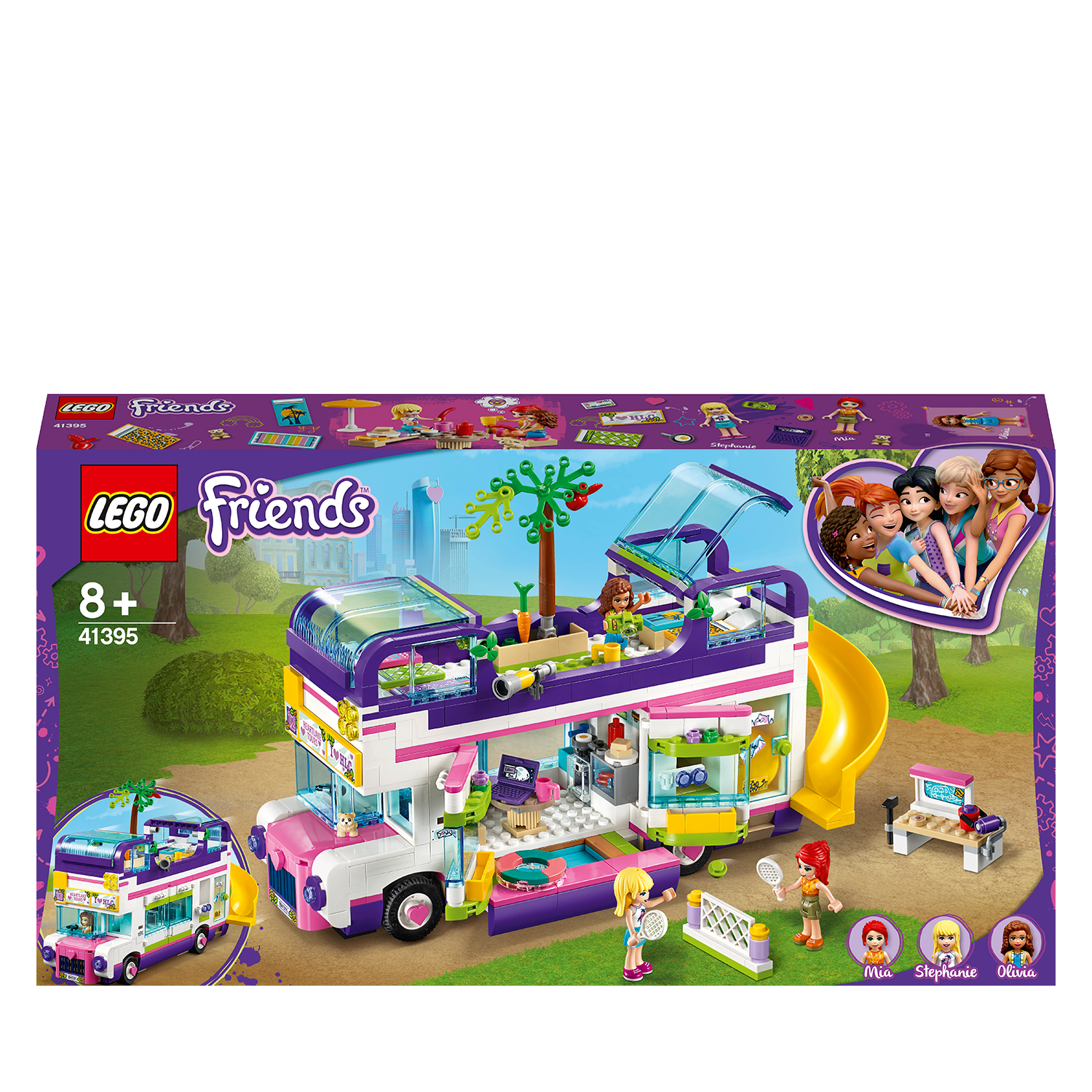 Lego Friends Set Box, ein Doppeldeckerbus mit Rutsche, Zubehör und Lego Figuren. Die Box ist bunt.