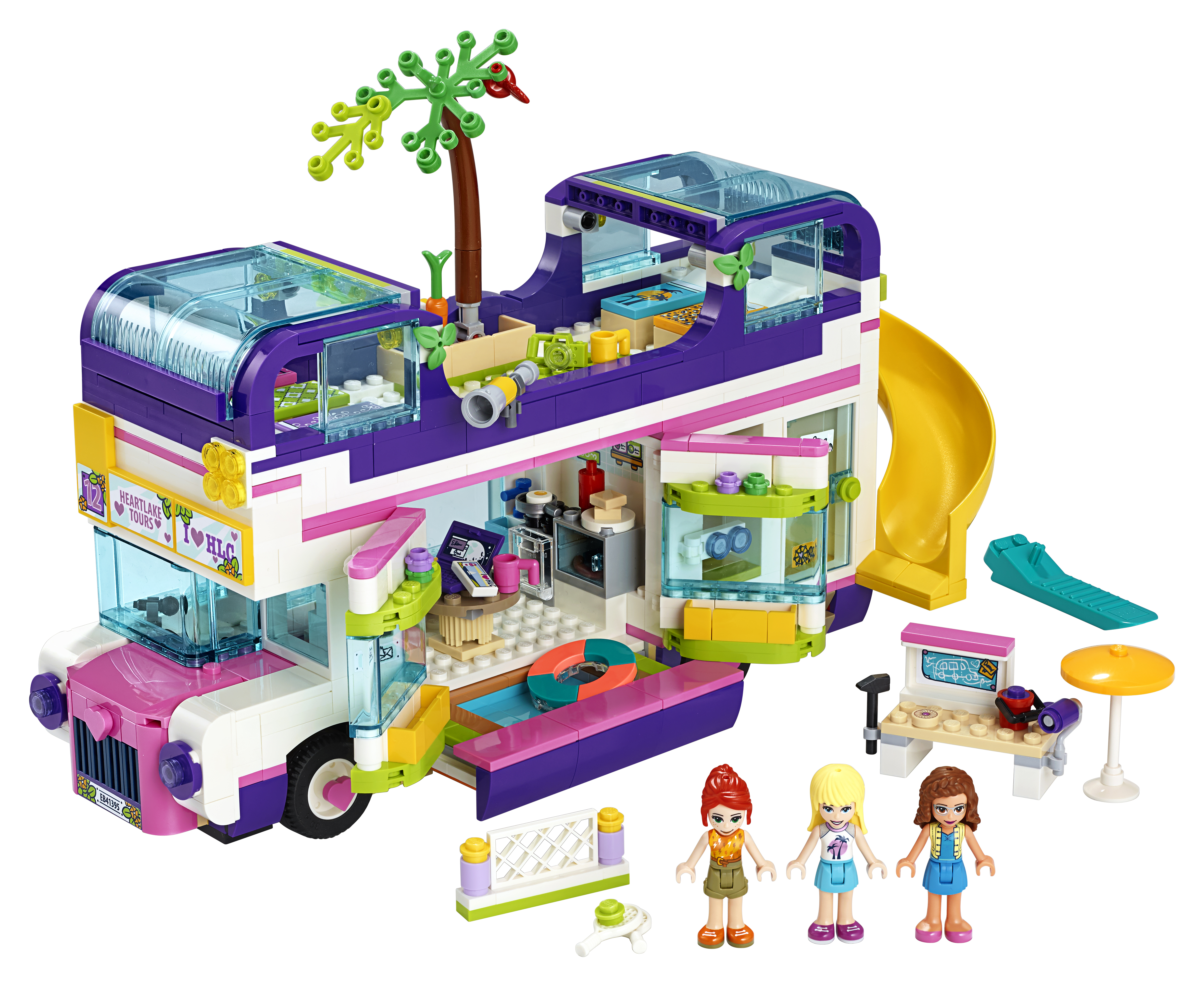 Ein Lego Friends Bus-Spielset mit Figuren, Rutsche und Zubehör.