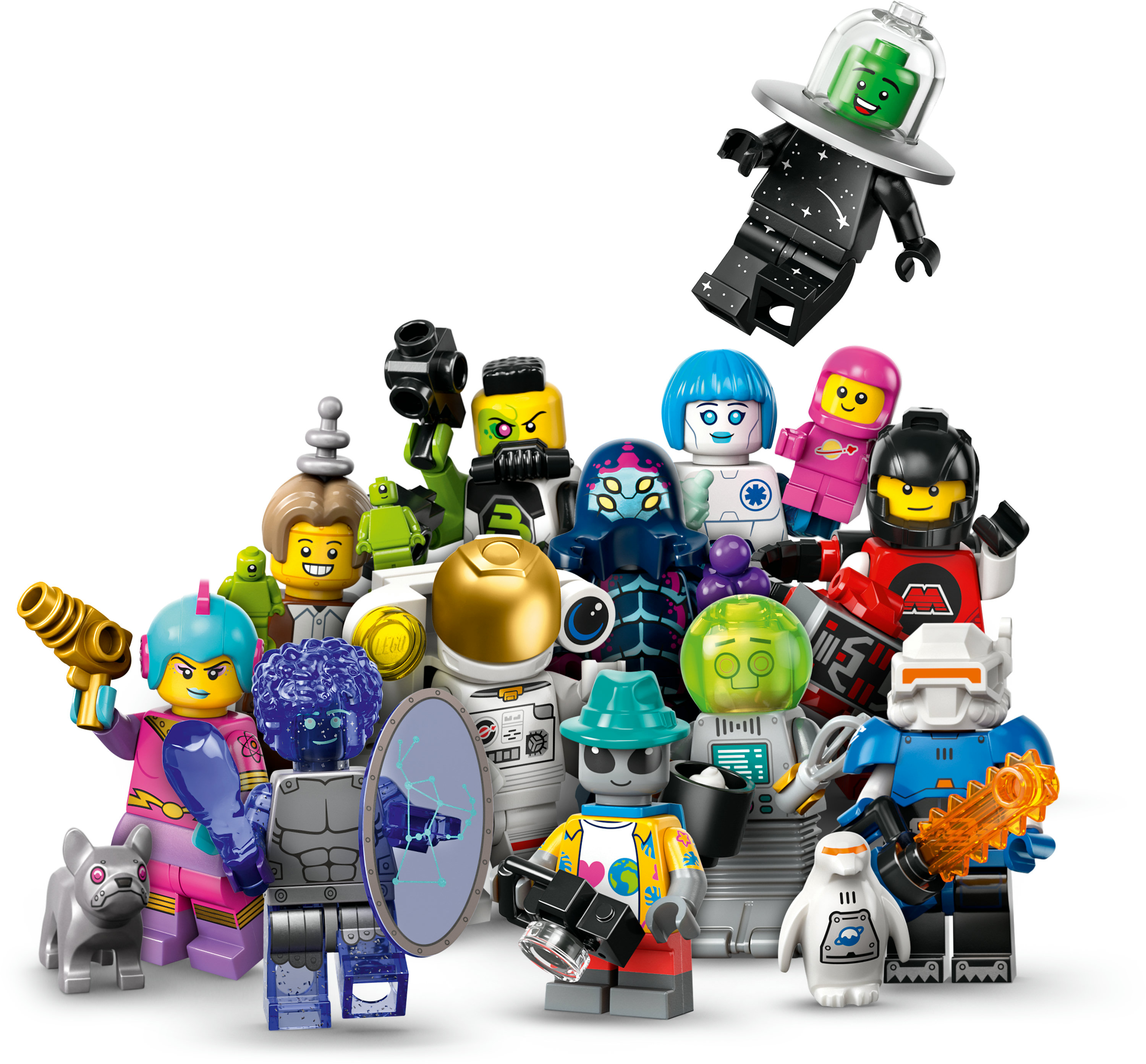 Collezione di minifigure LEGO di vari personaggi a tema spaziale, con sfondo bianco.