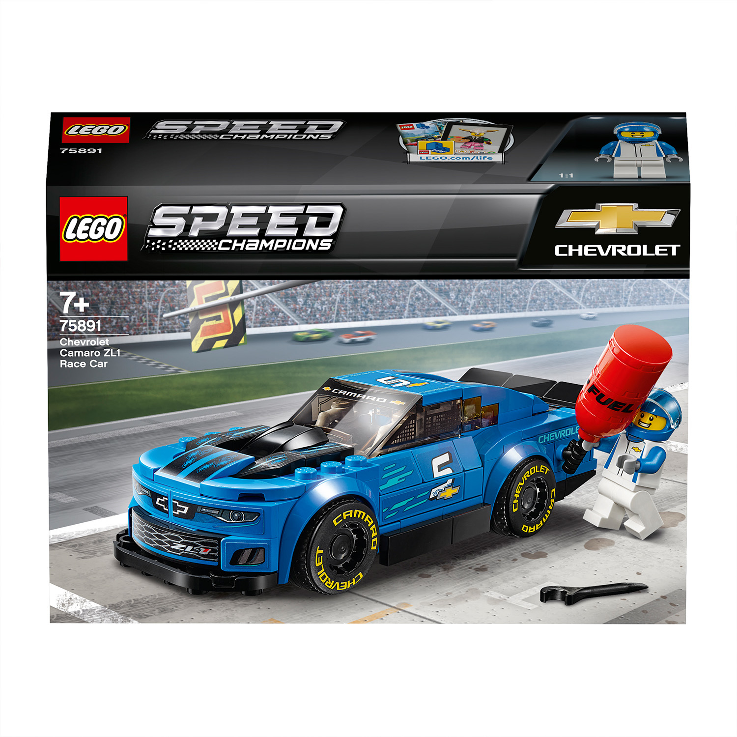 Un'auto da corsa LEGO Speed Champions Chevrolet Camaro ZL1 blu e nera con una minifigure.