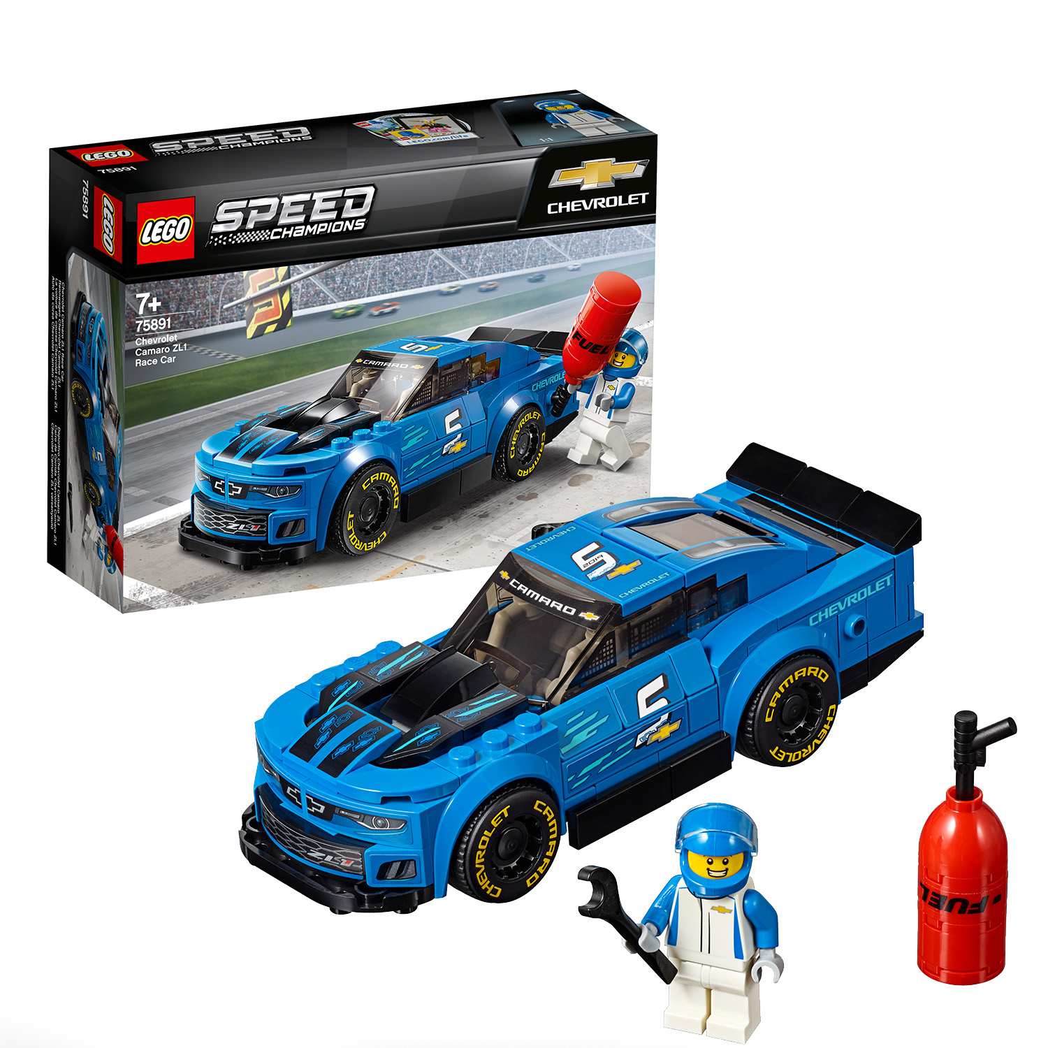 Set LEGO Speed Champions. Chevrolet Camaro blu da corsa con membro del team.