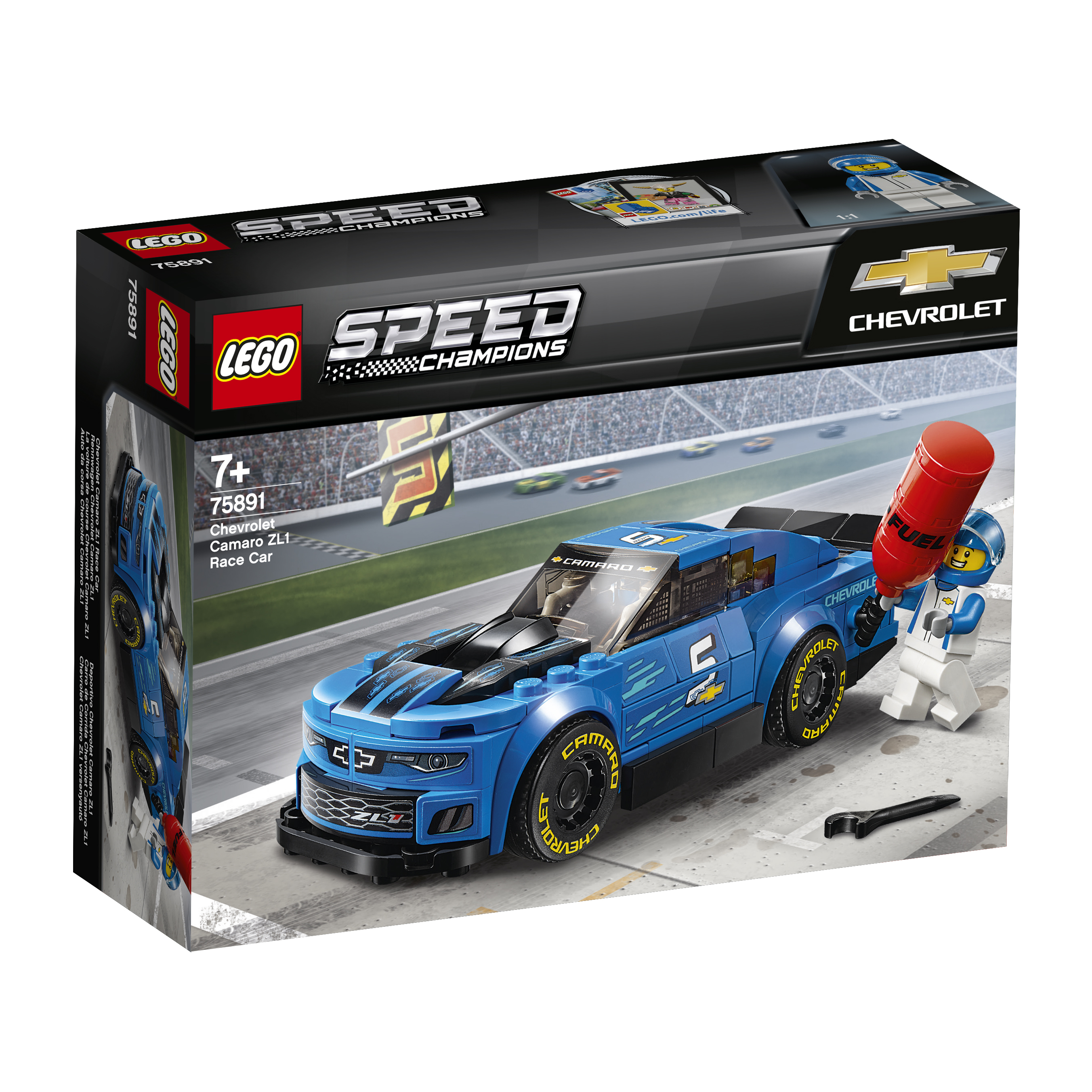 Set Lego Speed Champions: Chevy blu da corsa, personaggio e accessori.
