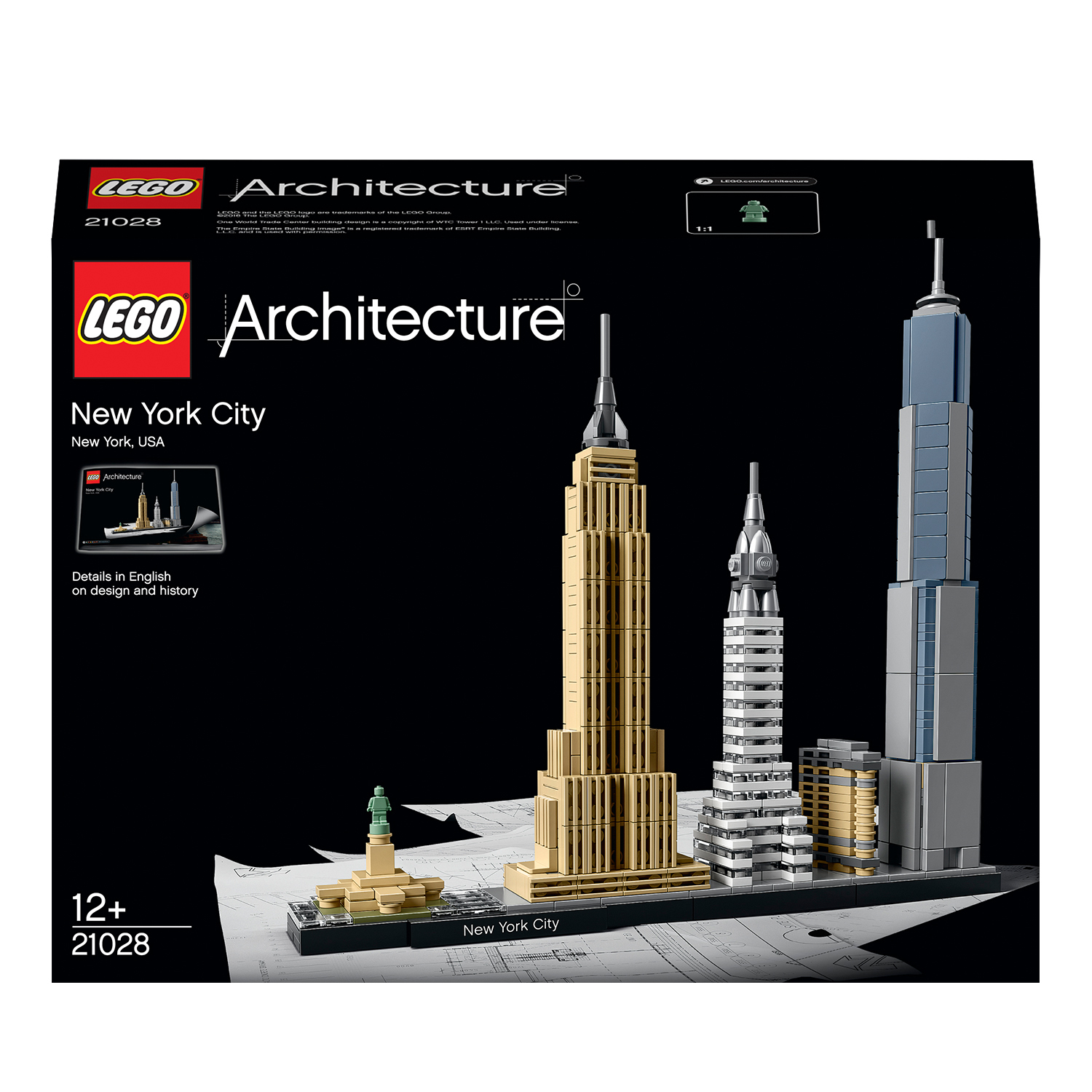 Zestaw Lego Architecture New York City z drapaczami chmur na czarnym tle.