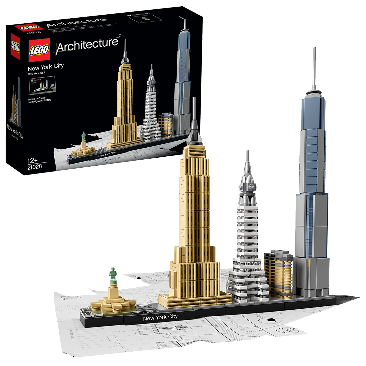 Zestaw Lego Architecture New York City, przedstawiający wieżowce i pudełko z logo Lego.