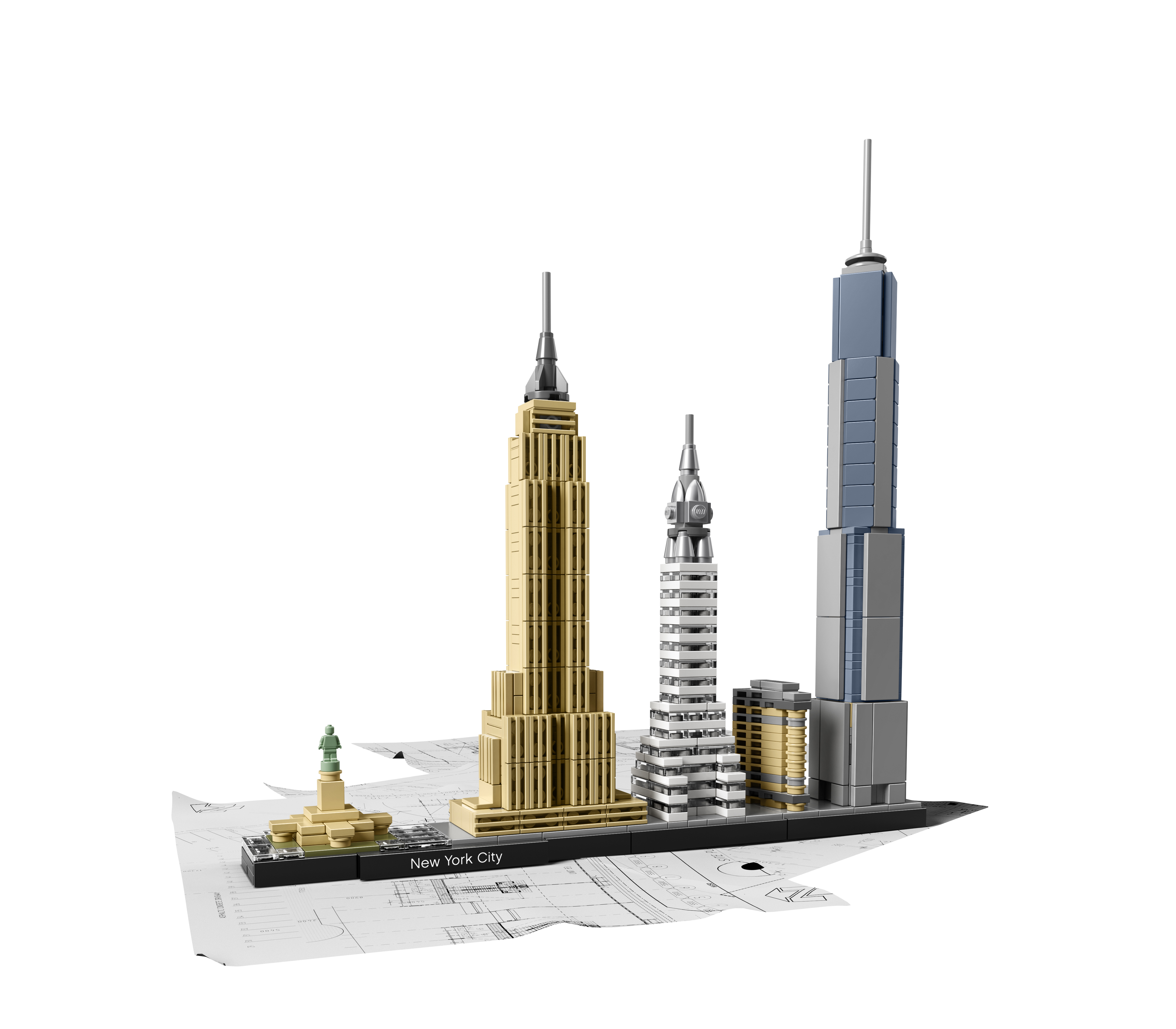 Model Lego panoramy Nowego Jorku. Zawiera Statuę Wolności, Empire State, Chrysler i One World Trade.