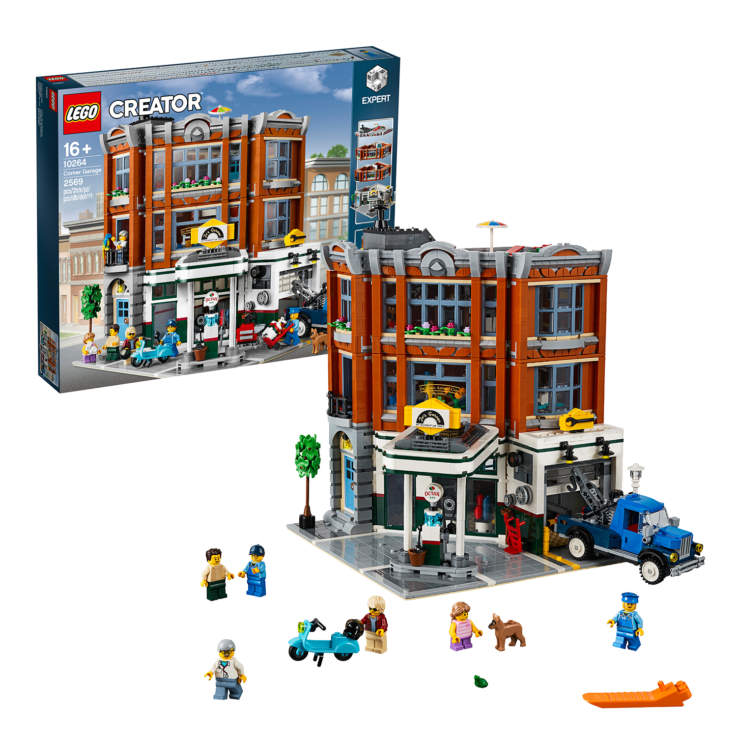 LEGO Creator Corner Garage set, met de doos en het geassembleerde model.