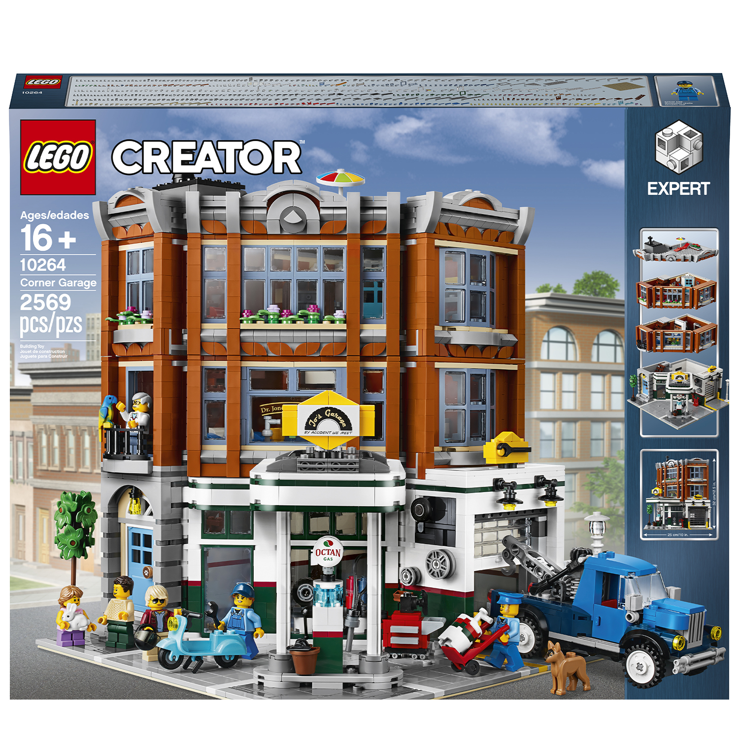 Lego Creator Corner Garage setdoos met gedetailleerd gebouw en personages.