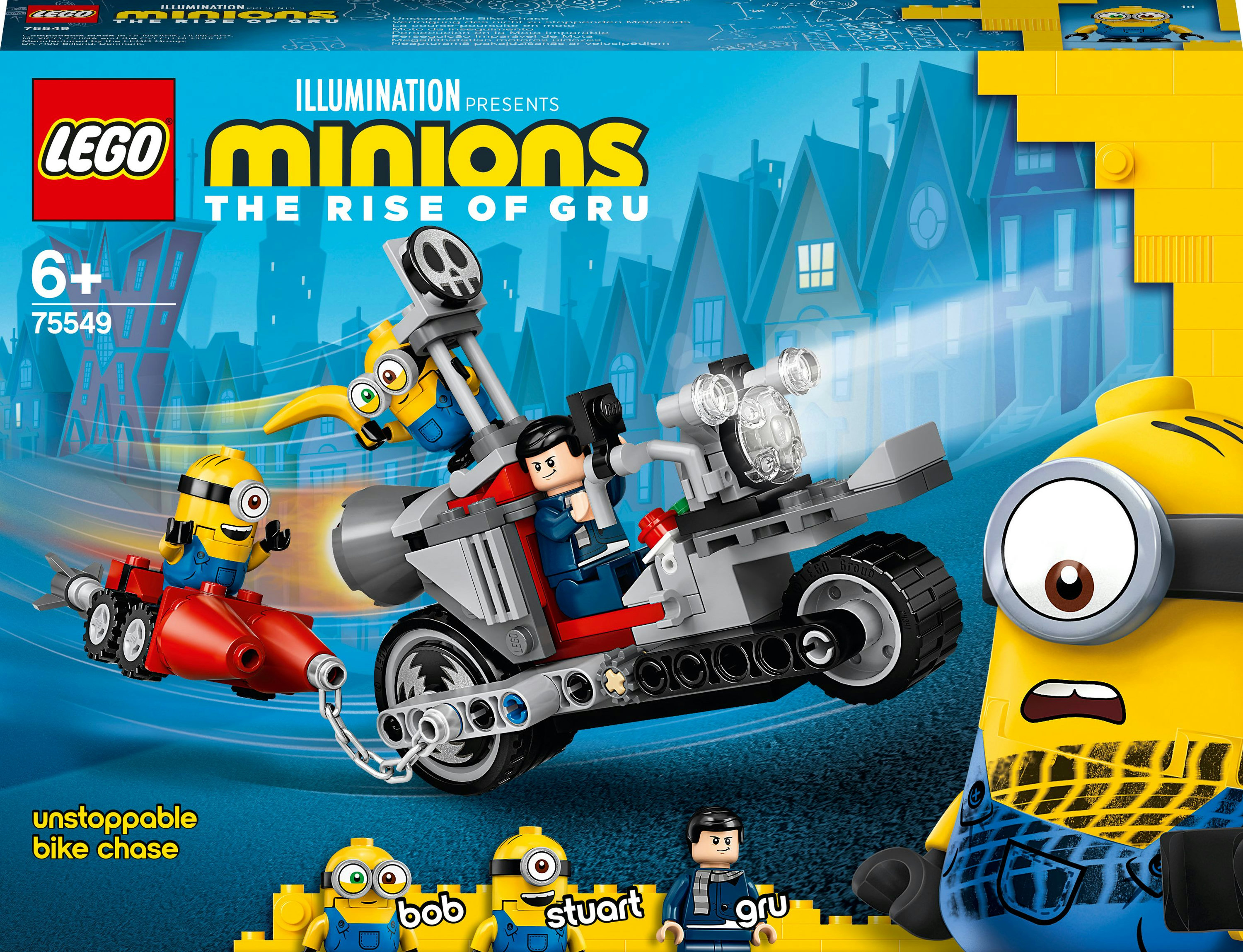 Una scatola Lego con personaggi Minions che guidano una moto e un veicolo rosso, con una figura di Gru.