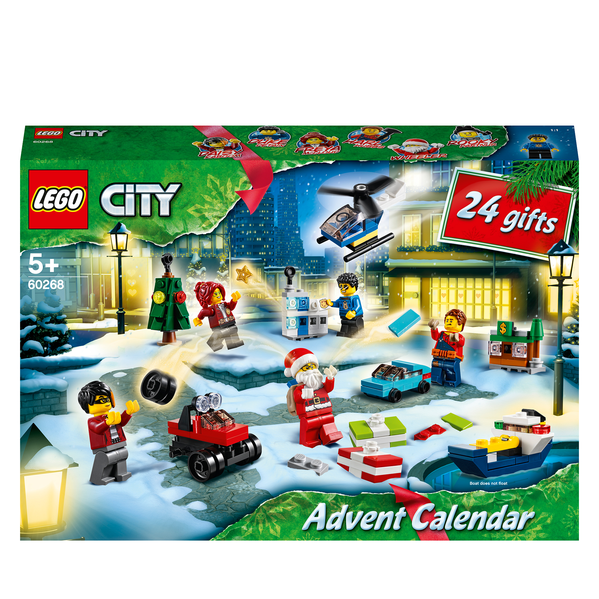 Ein LEGO City Adventskalender mit verschiedenen Mini-Bauten und Minifiguren, mit einer Winterszene.
