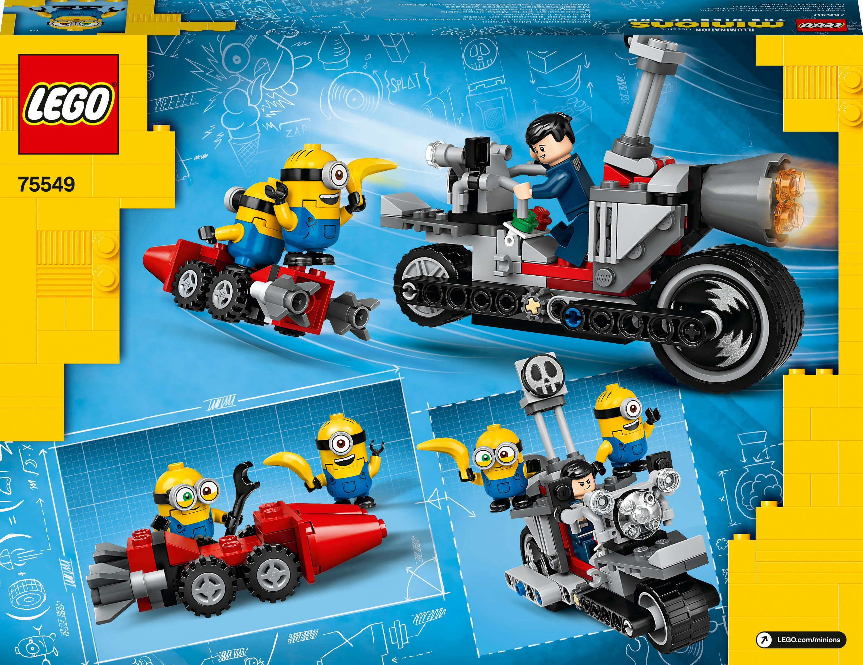 Set Lego Minions: scene multiple con Minions, veicoli e una figura che controlla una motocicletta.