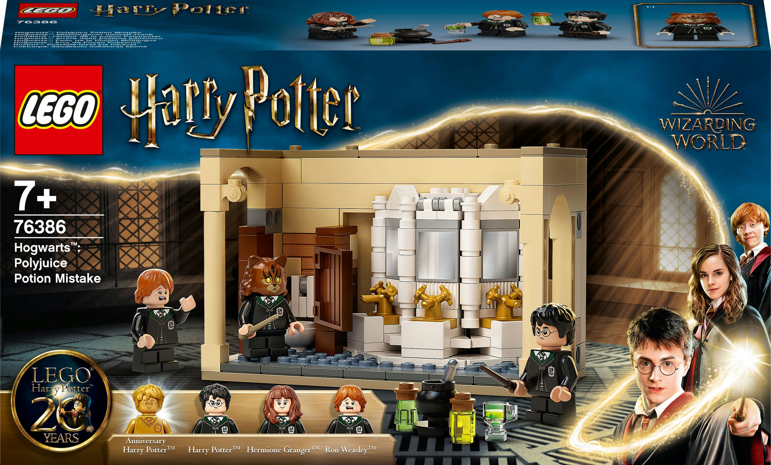 LEGO Harry Potter Hogwarts-Set mit Figuren, Tränken und dem Hogwarts-Logo. Weißer Hintergrund.