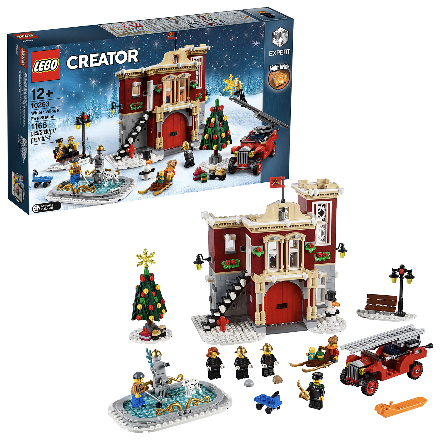 Zestaw LEGO Creator Winter Village Fire Station, z figurkami i akcesoriami. Scena bożonarodzeniowa.