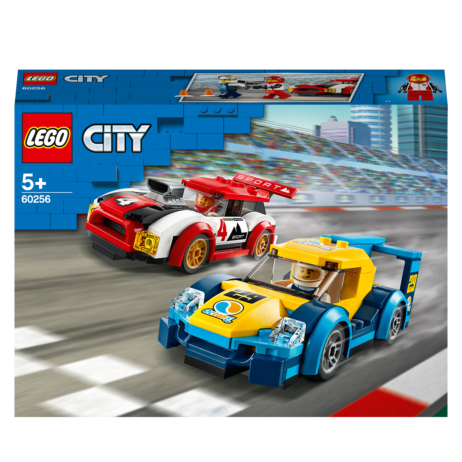 Lego City set featuring two race cars, one red and white, the other yellow and blue, and a track backdrop.