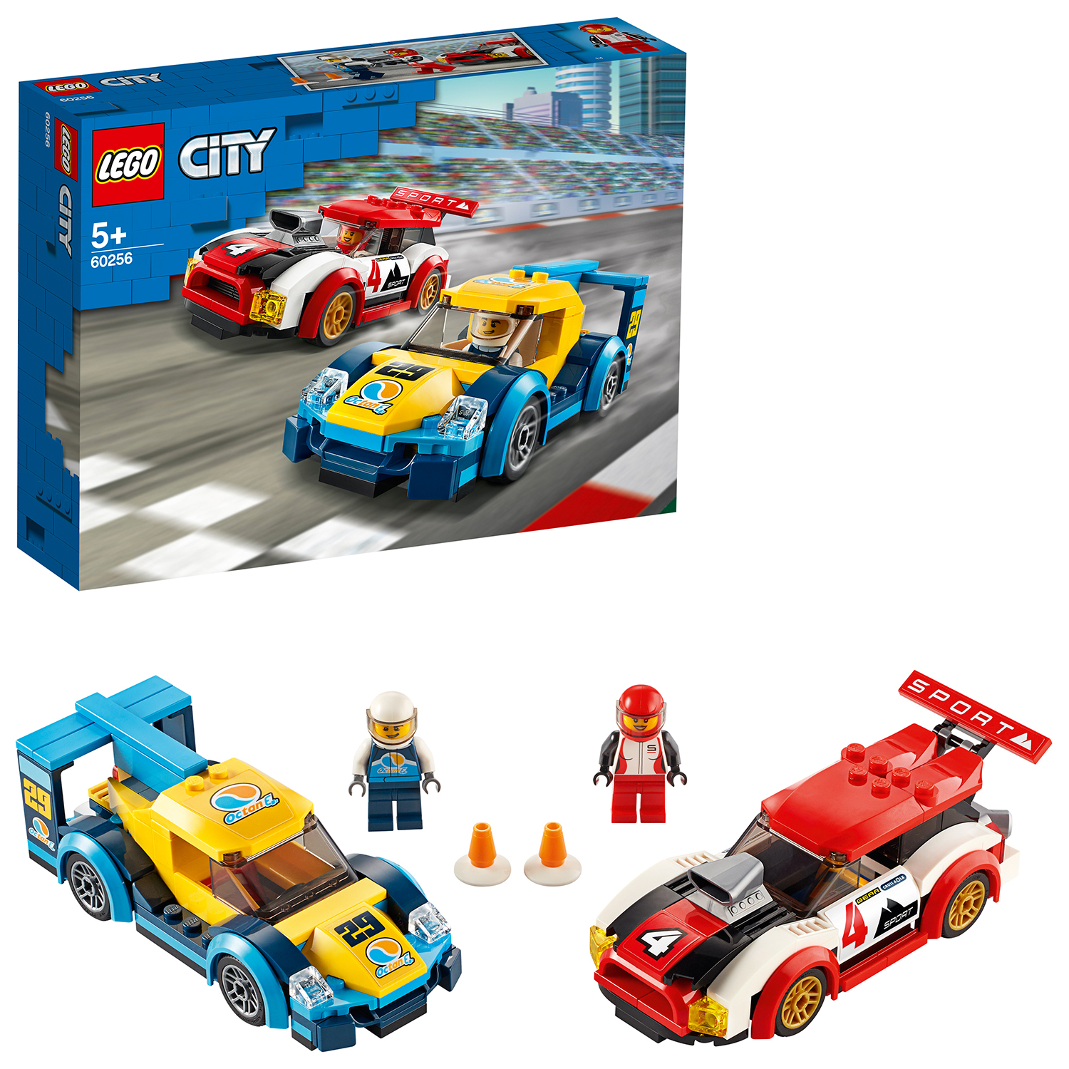 Lego City race car set with two cars, minifigures, and a box in the background.