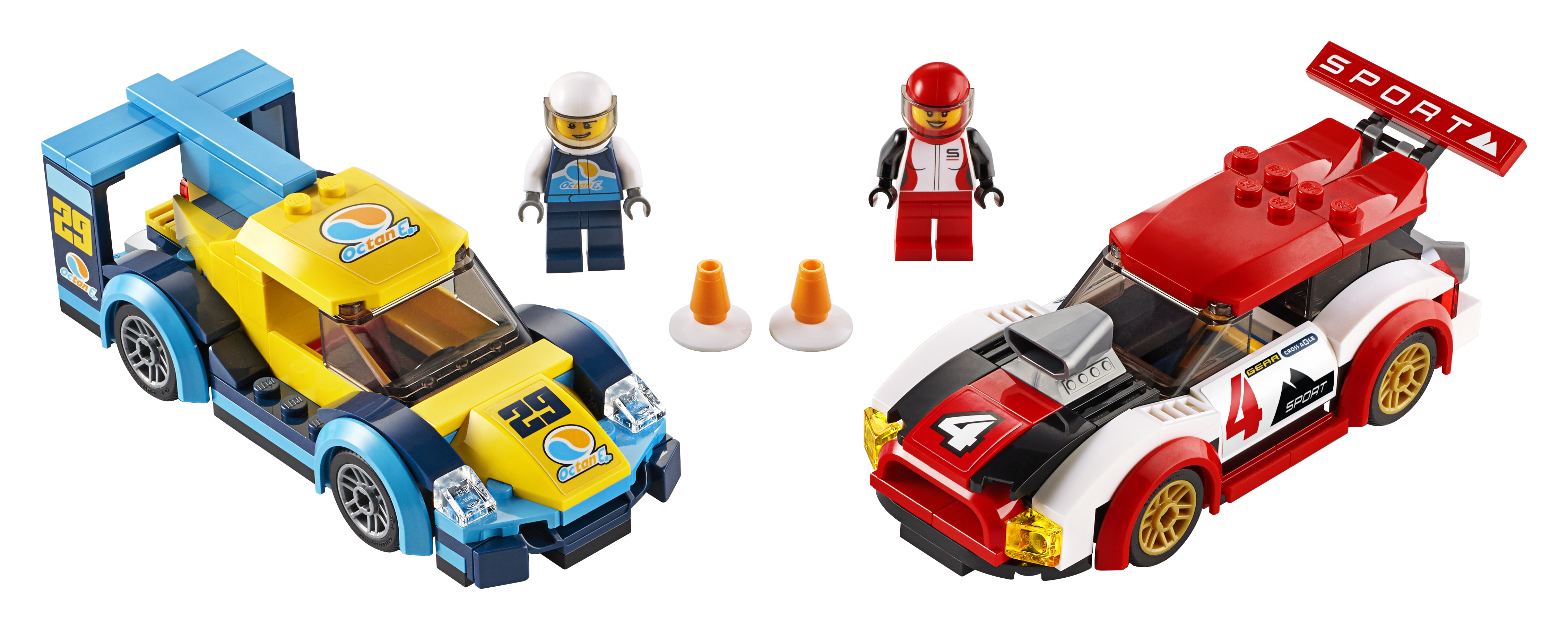Two LEGO race cars, two minifigures, and two traffic cones are set on white background.