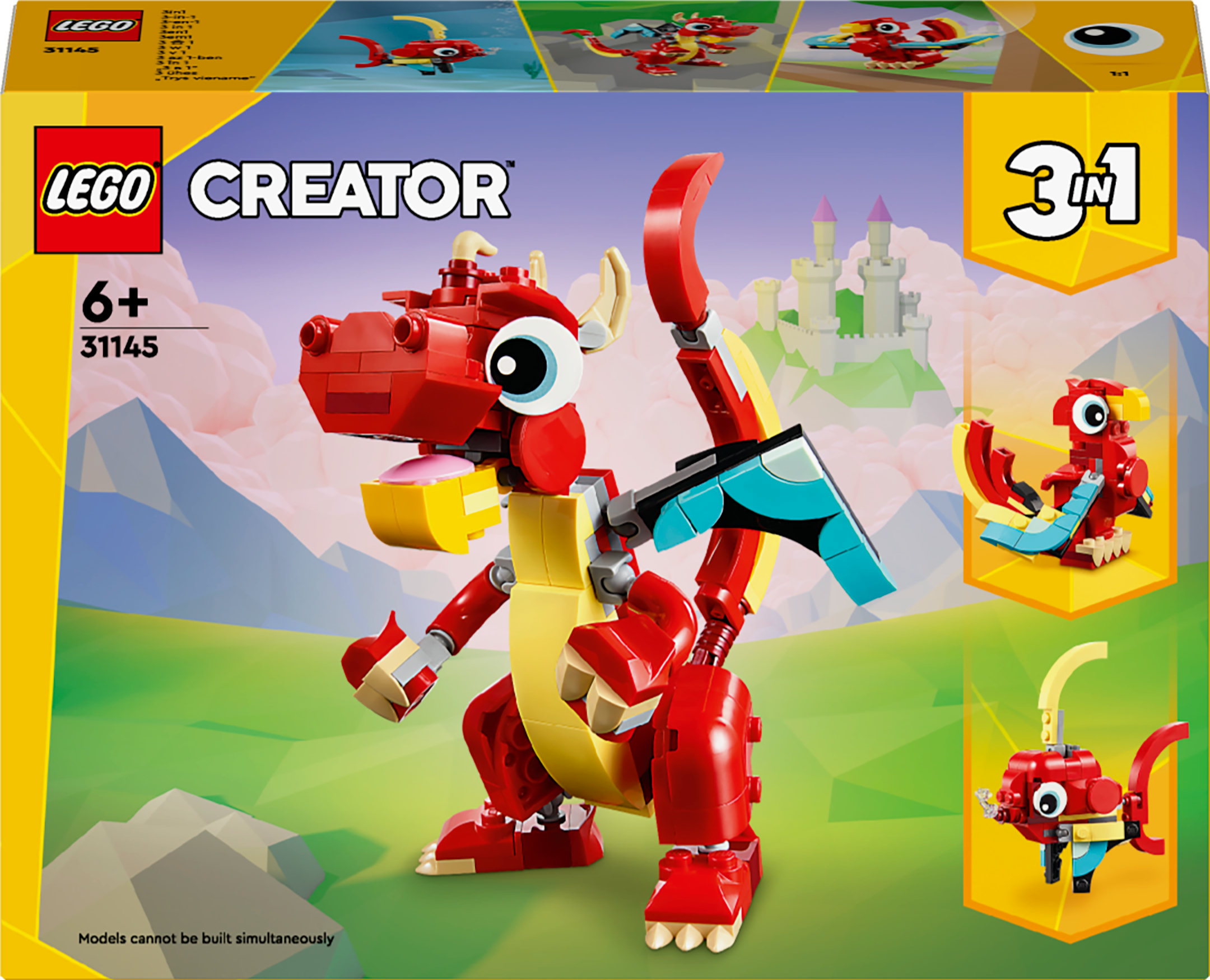Caja del set LEGO Creator con un dragón rojo, 3 en 1, con fondo de castillo.