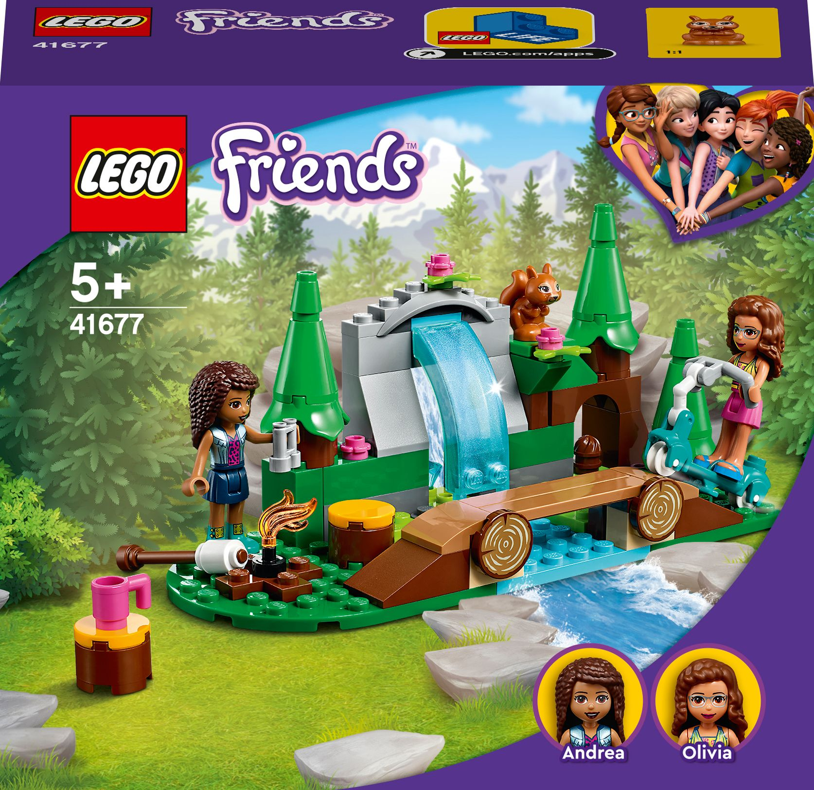 Lego Friends Set: Wasserfall, Bäume, Figuren und Eichhörnchen.