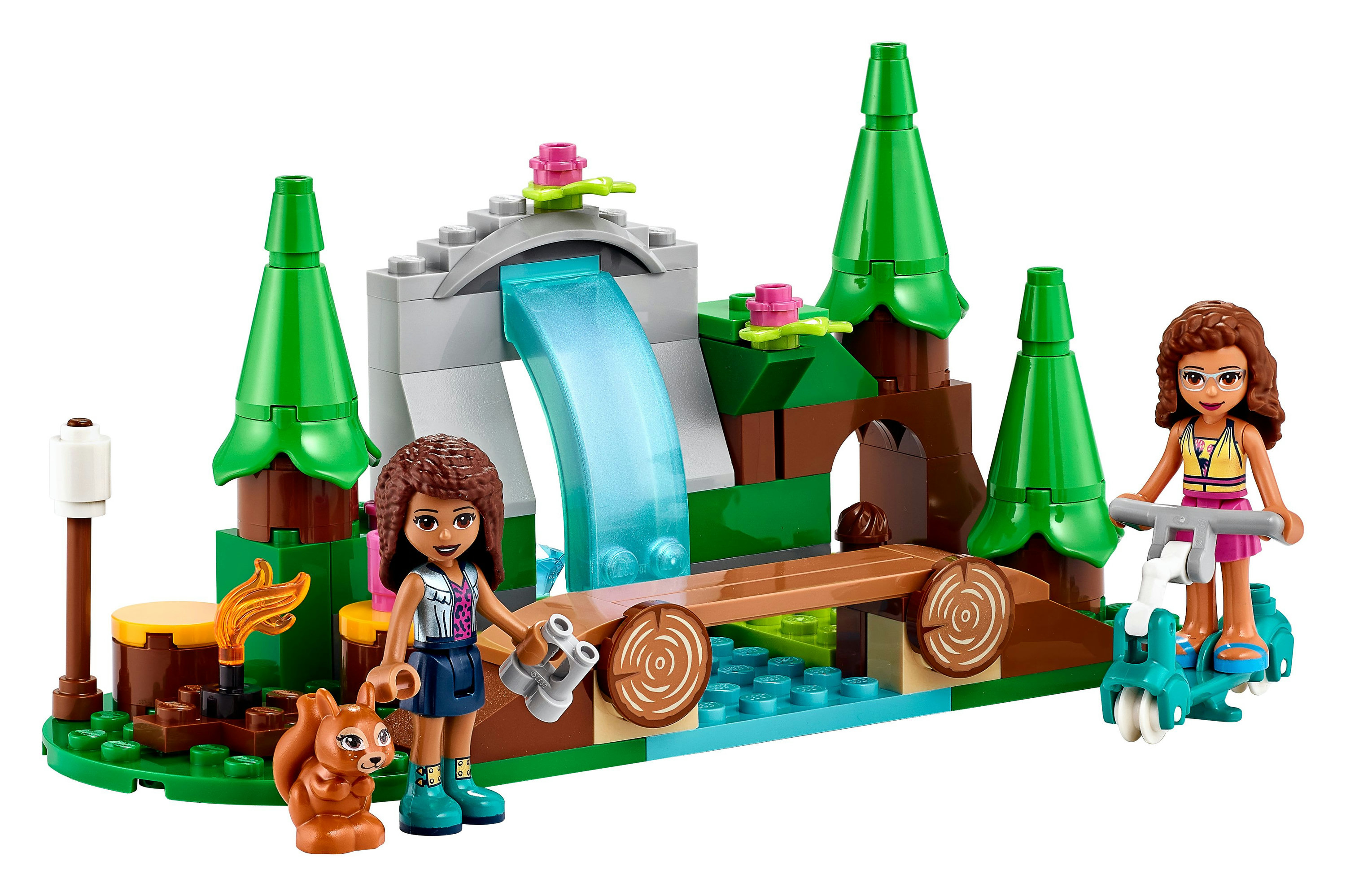Lego Friends Set: Wasserfallszene mit Figuren, Bäumen, einer Brücke und einem Eichhörnchen.