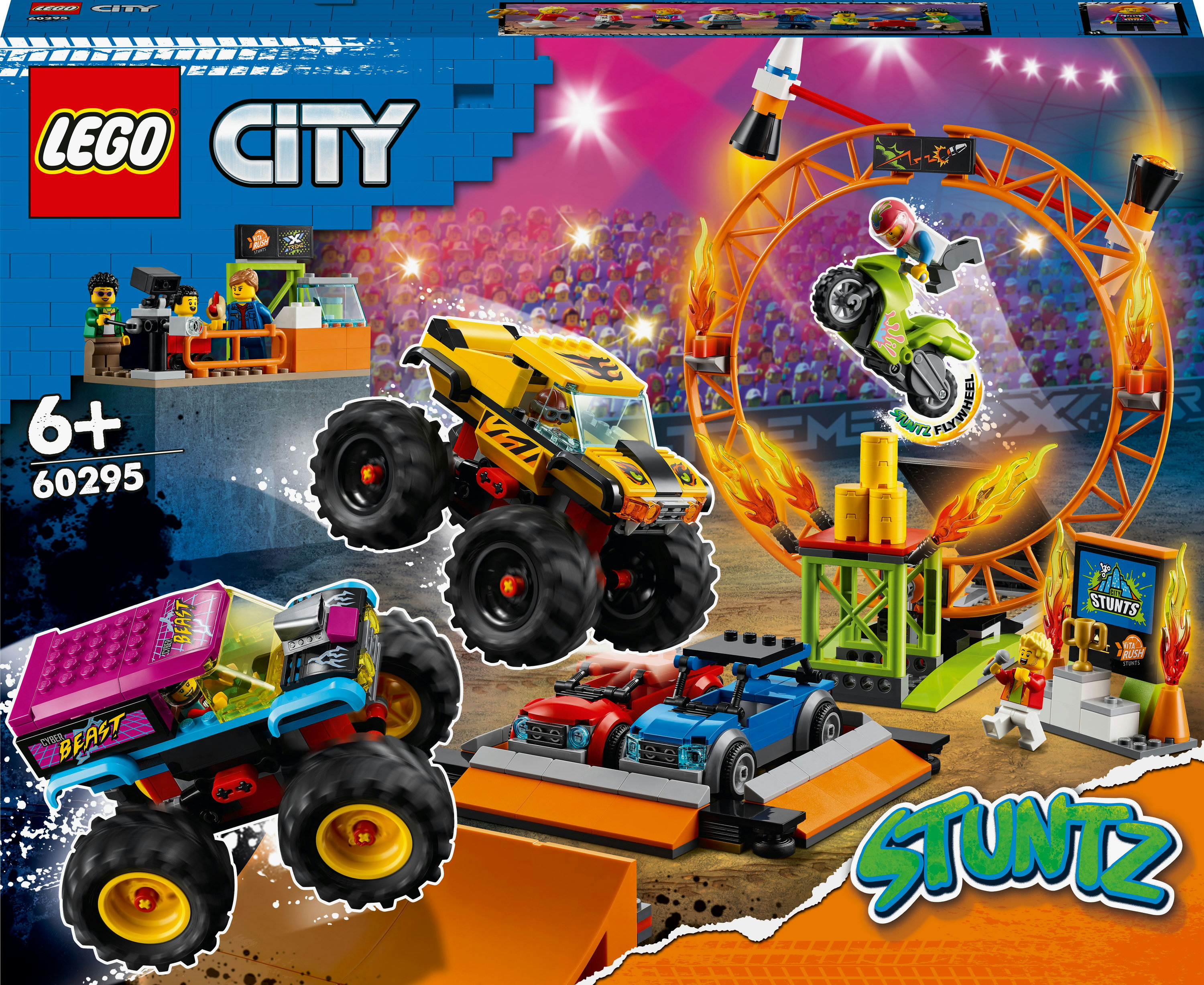 Pudełko zestawu LEGO City Stuntz. Zawiera monster trucka i motocykl kaskaderski, scena akcji.