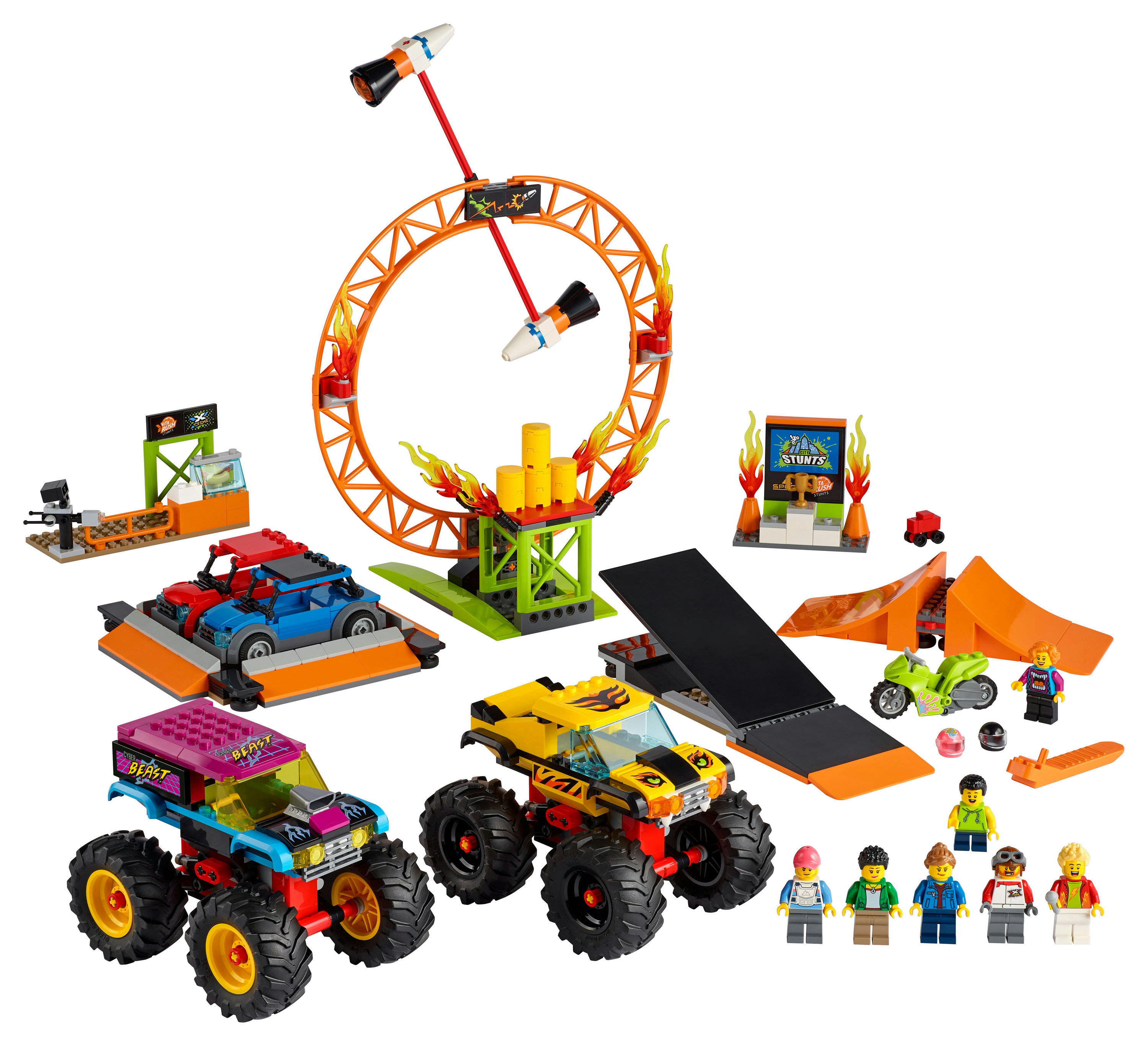 Zestaw Lego City Stuntz. Zawiera monster trucki, figurki, pierścień kaskaderski i rampę.