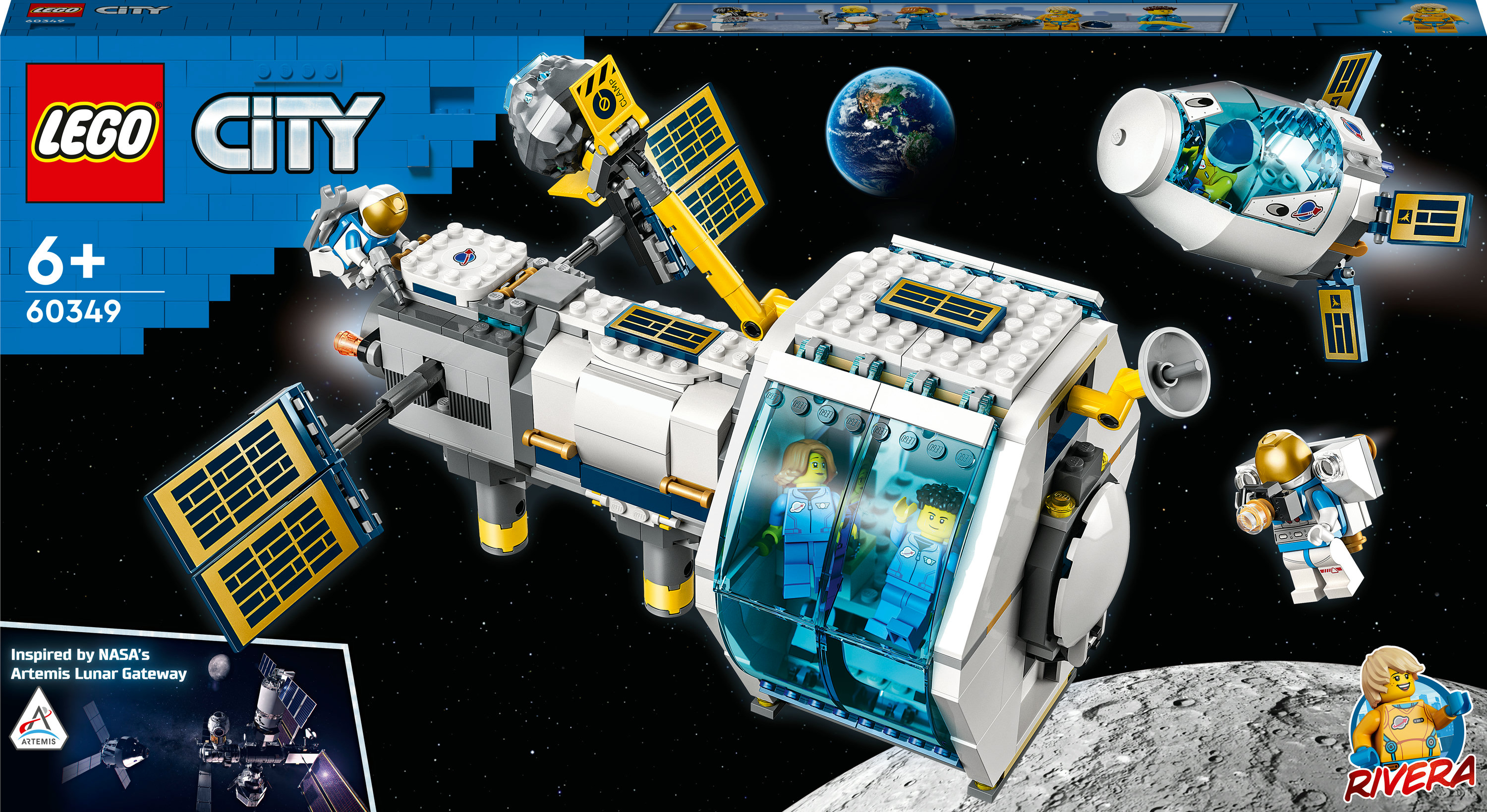 Ein LEGO City Set, das eine Raumstation mit Astronauten und einem Raumschiff darstellt.