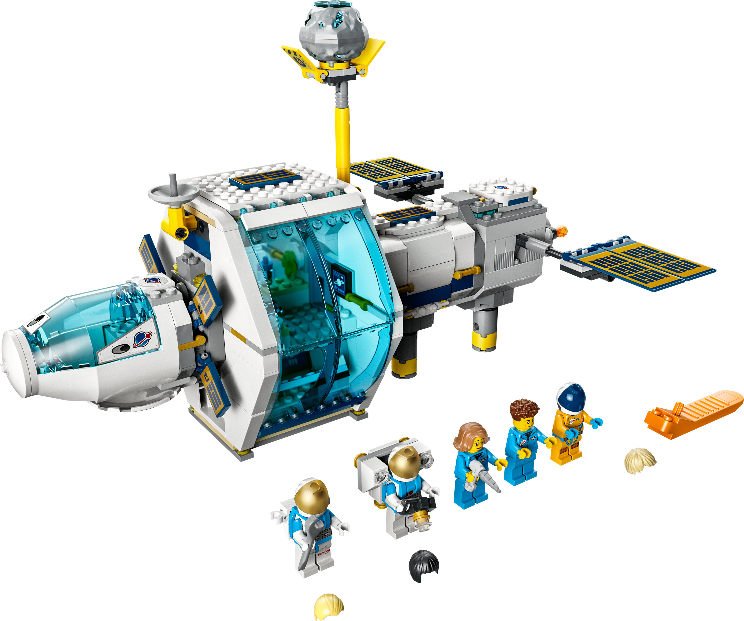LEGO-Raumstations-Set. Enthält eine große Station, Astronauten und andere Weltraumelemente.