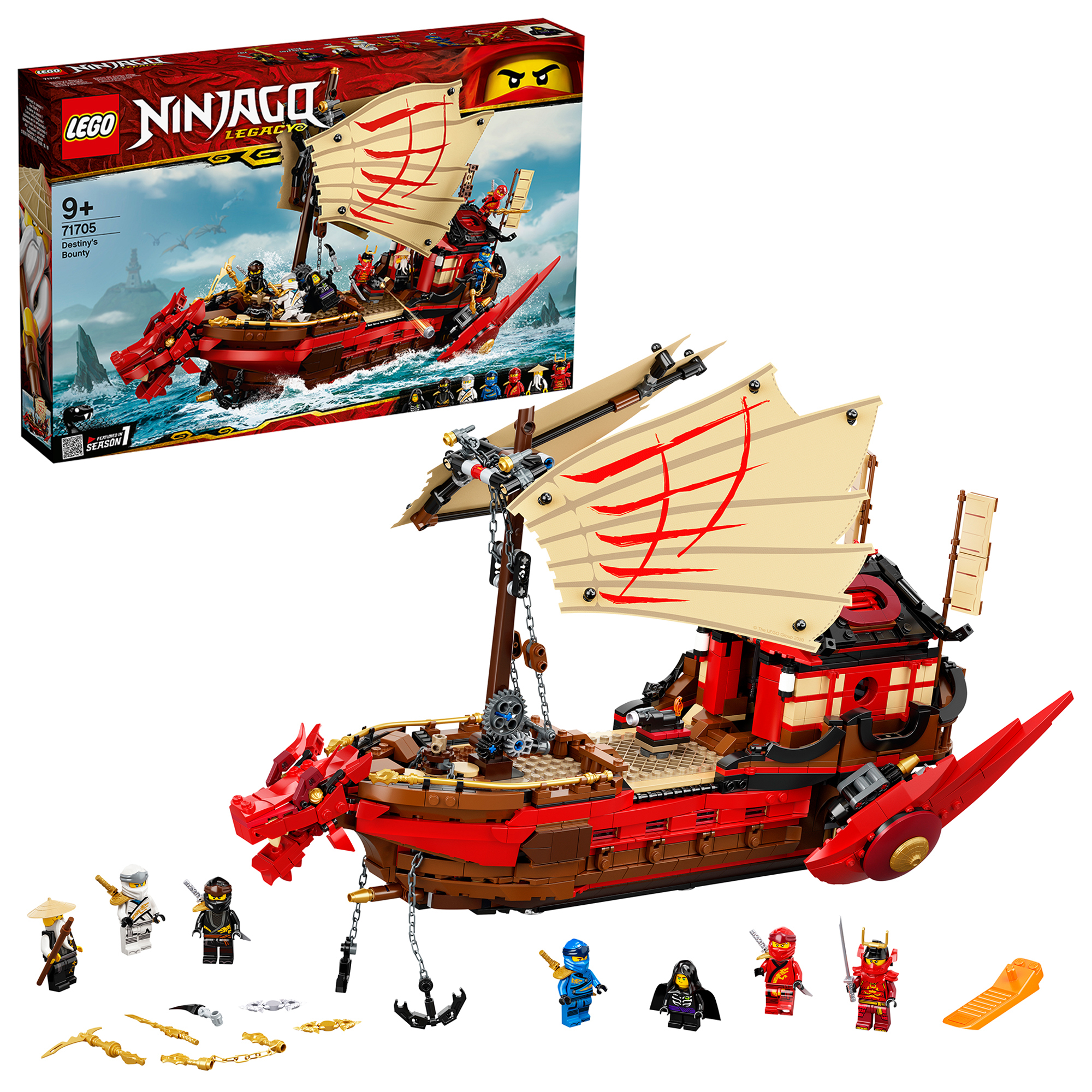 Lego Ninjago set: Red and brown ship with red dragon details, sails, and minifigures on a white background.