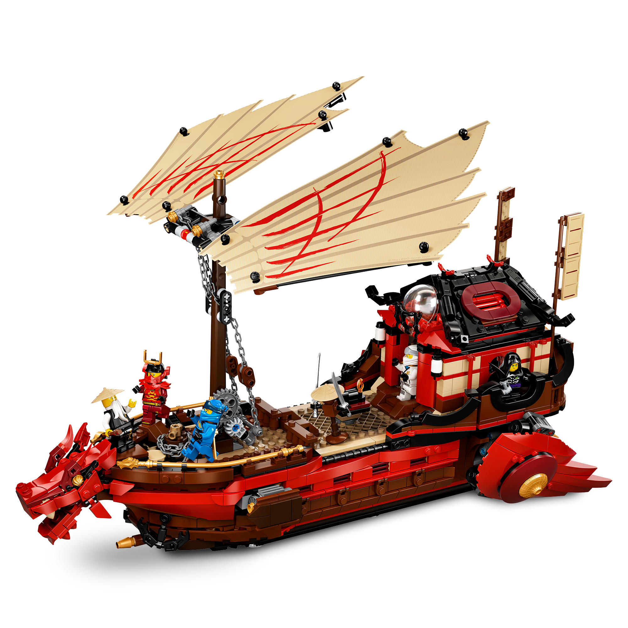 A Lego Ninjago ship model is shown. It is red and brown, with sails and several ninja figures on deck.