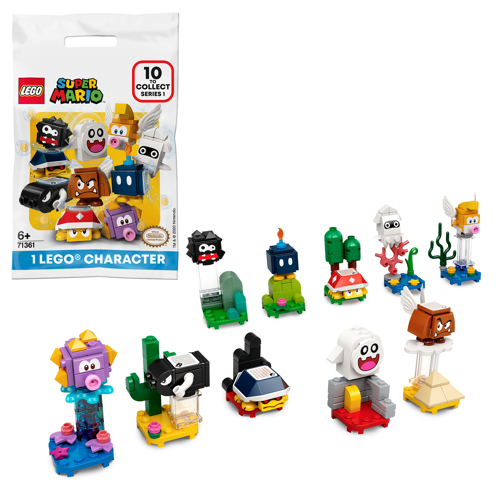 Una busta di personaggi LEGO Super Mario e dieci personaggi non aperti. I personaggi sono vari nemici di Mario.