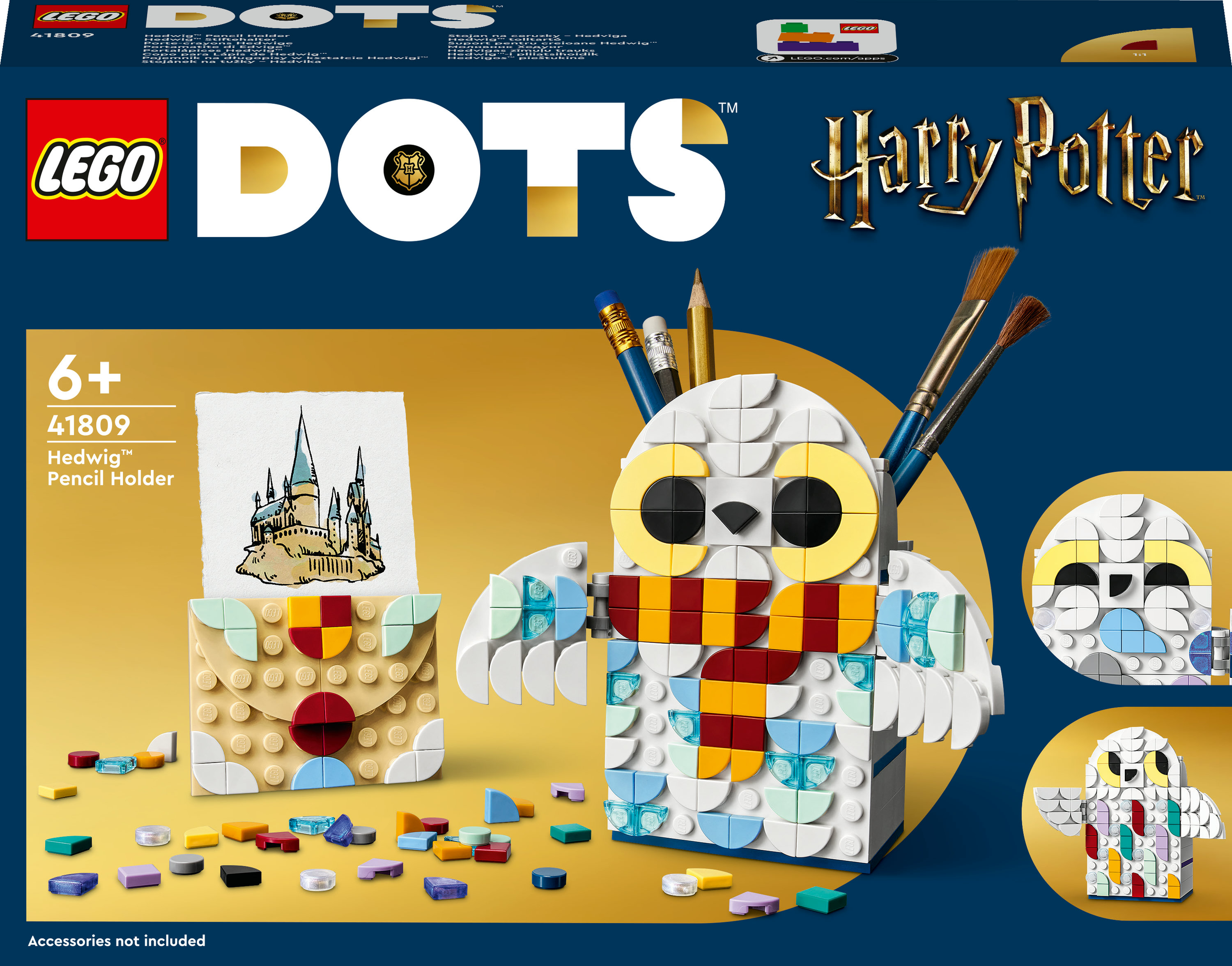 Lego Dots Set mit einem weißen, eulenartigen Stifthalter mit Zubehör und Hogwarts-Schloss-Bild.