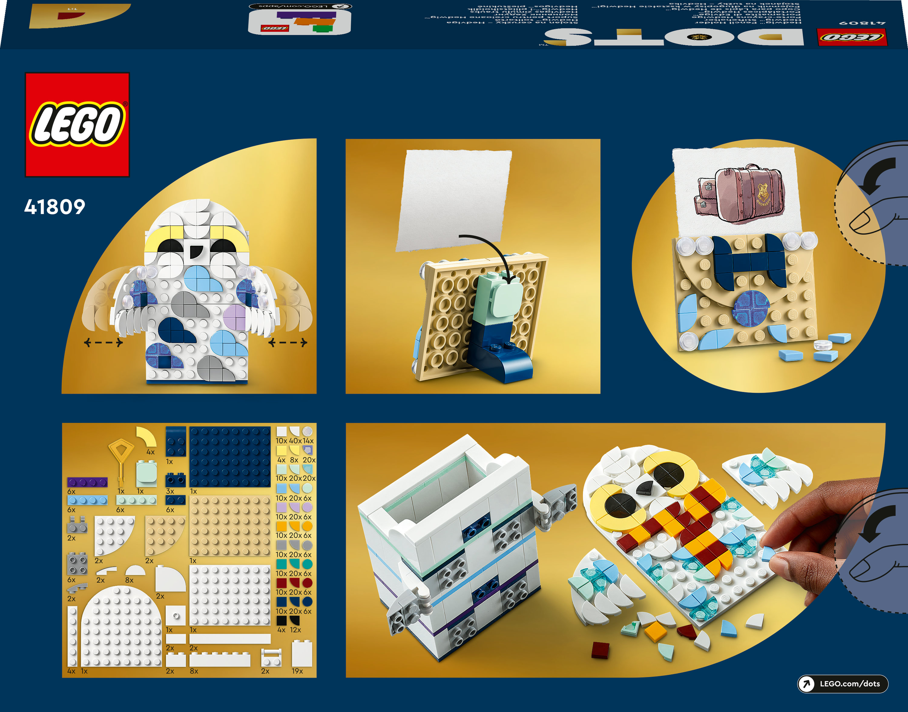 Lego Dots Set mit einem Eulen-Design. Enthält verschiedene Steine und ein Eulen-Modell.