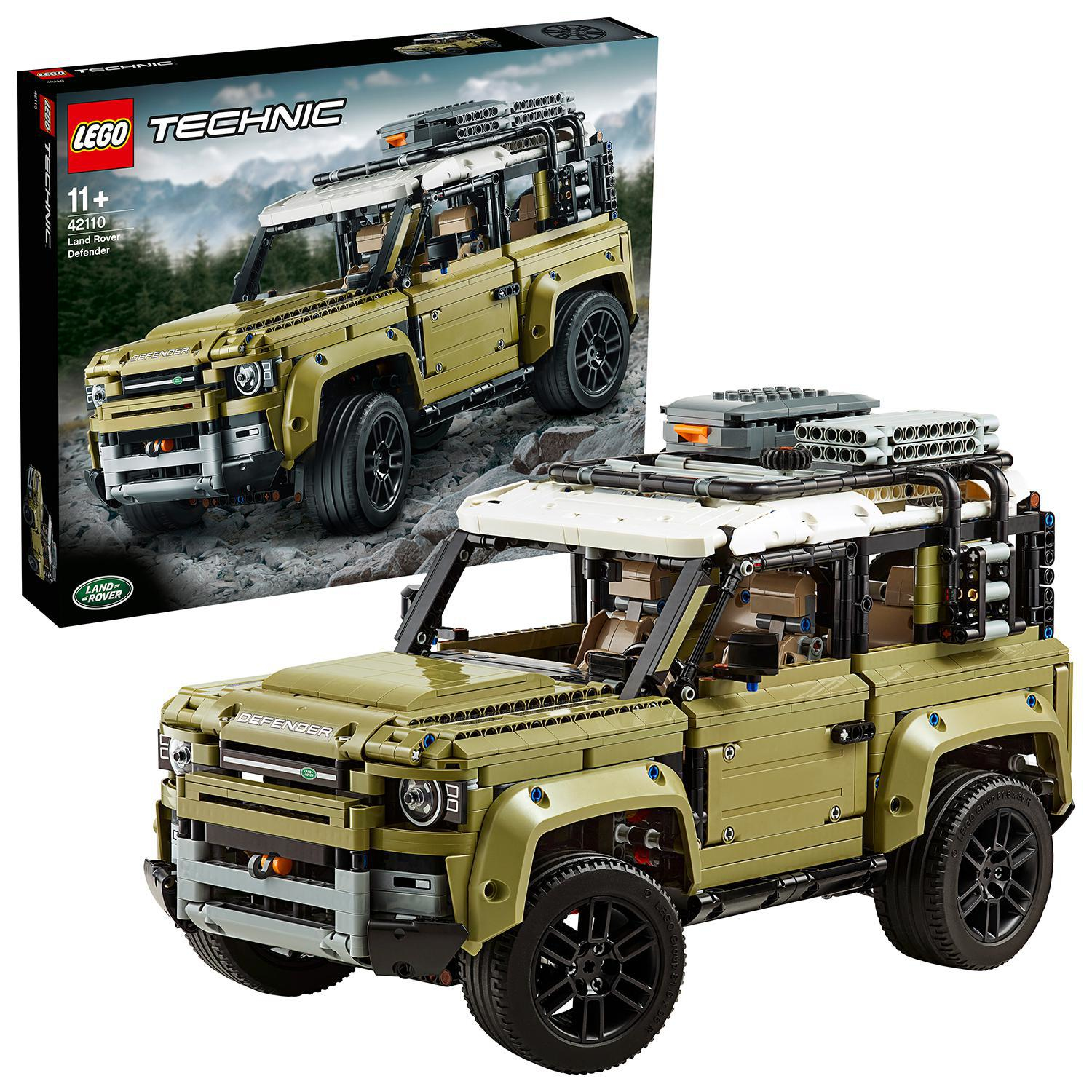 Zestaw Lego Technic Land Rover Defender. Szczegółowy model samochodu w kolorze oliwkowym.
