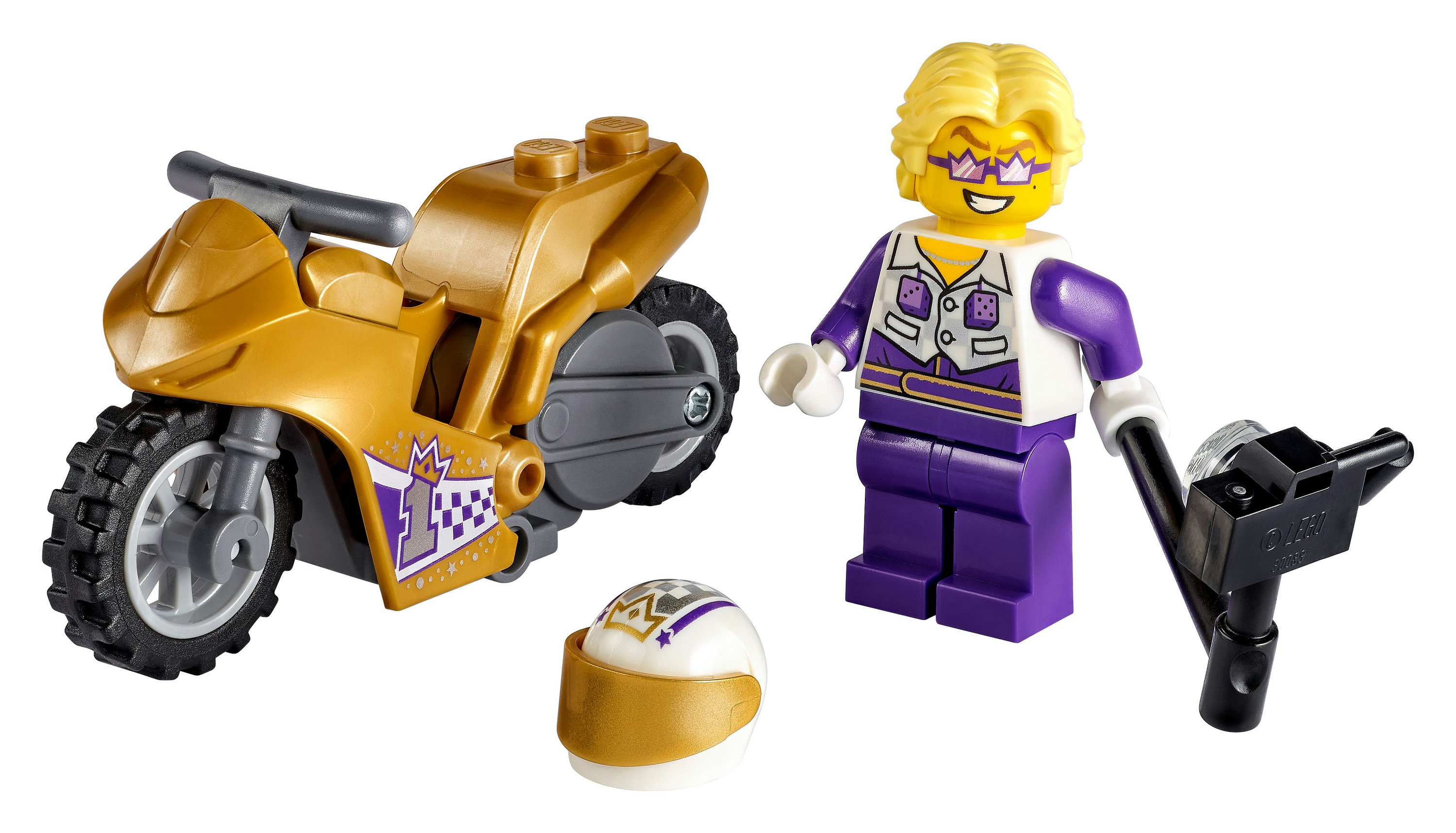 LEGO minifigürü ve altın renkli motosiklet, bir kask ve aletle.