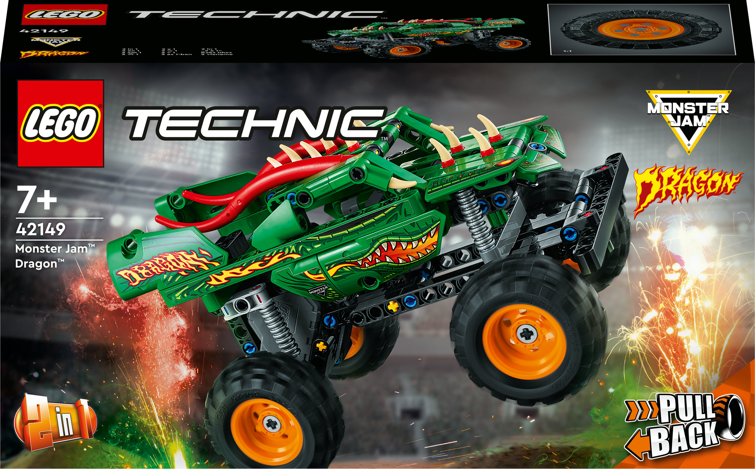 Set di camion Lego Technic Monster Jam Dragon su uno sfondo di fuoco e stadio.