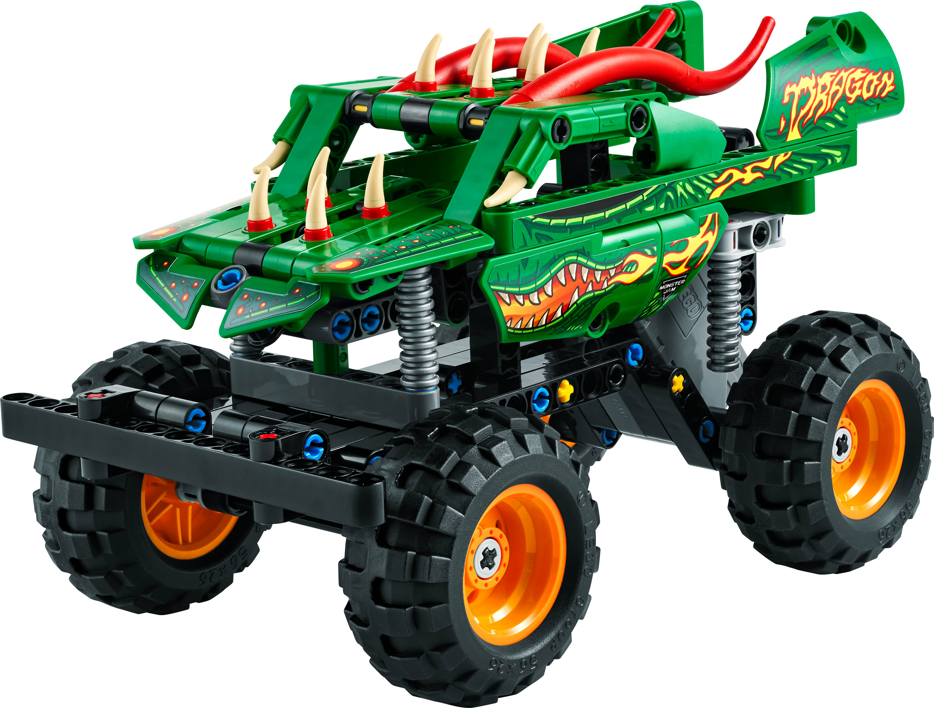 Monster truck Lego verde con ruote grandi e un design a forma di drago. Ha corna rosse.