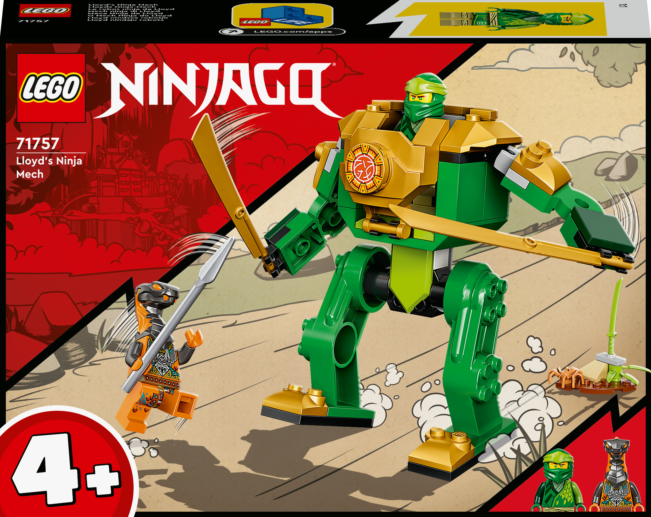 Un set de Lego Ninjago, con un meca verde y un ninja.