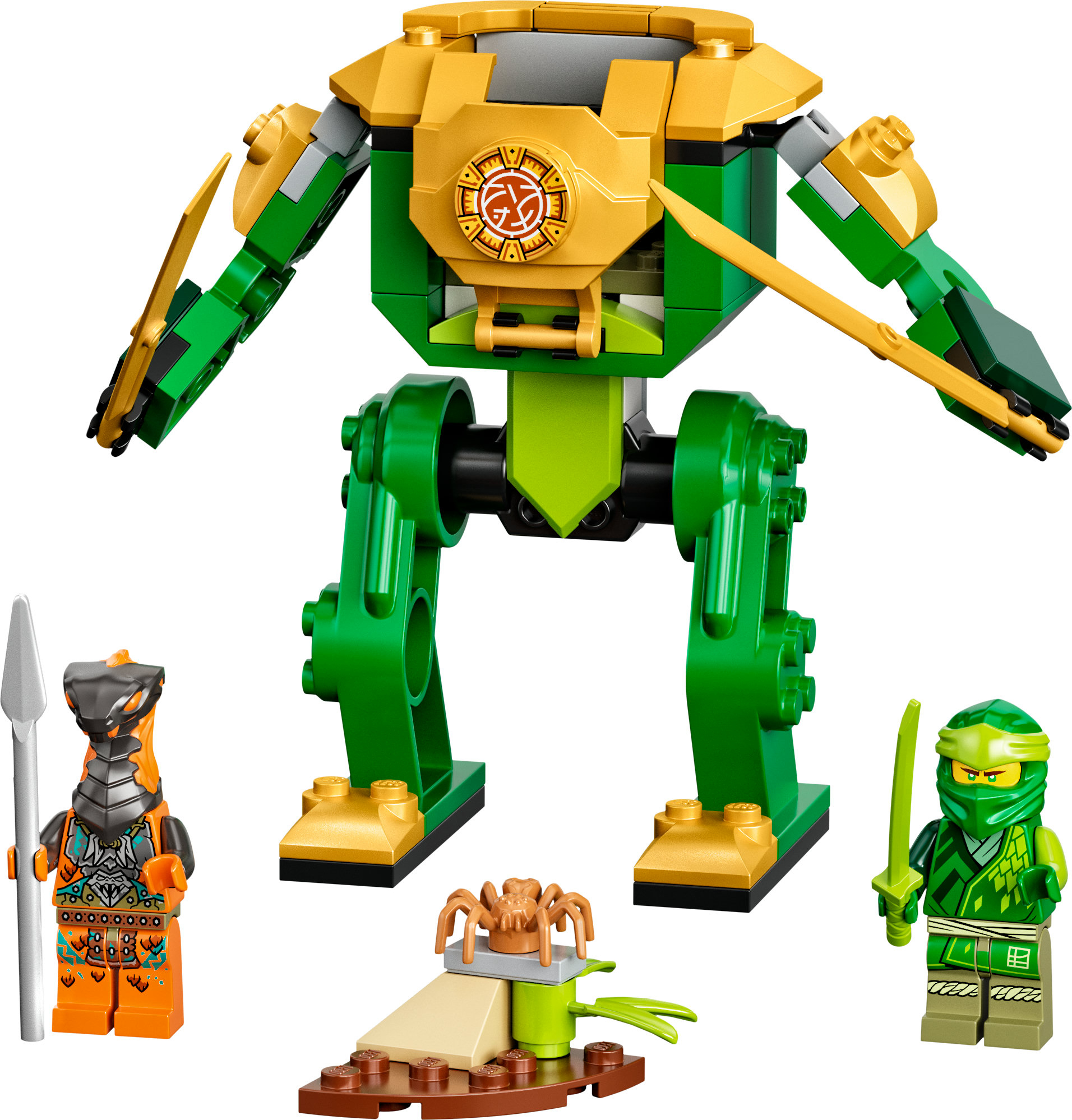 Set Lego Ninjago con un gran robot verde. Se incluyen tres minifiguras.
