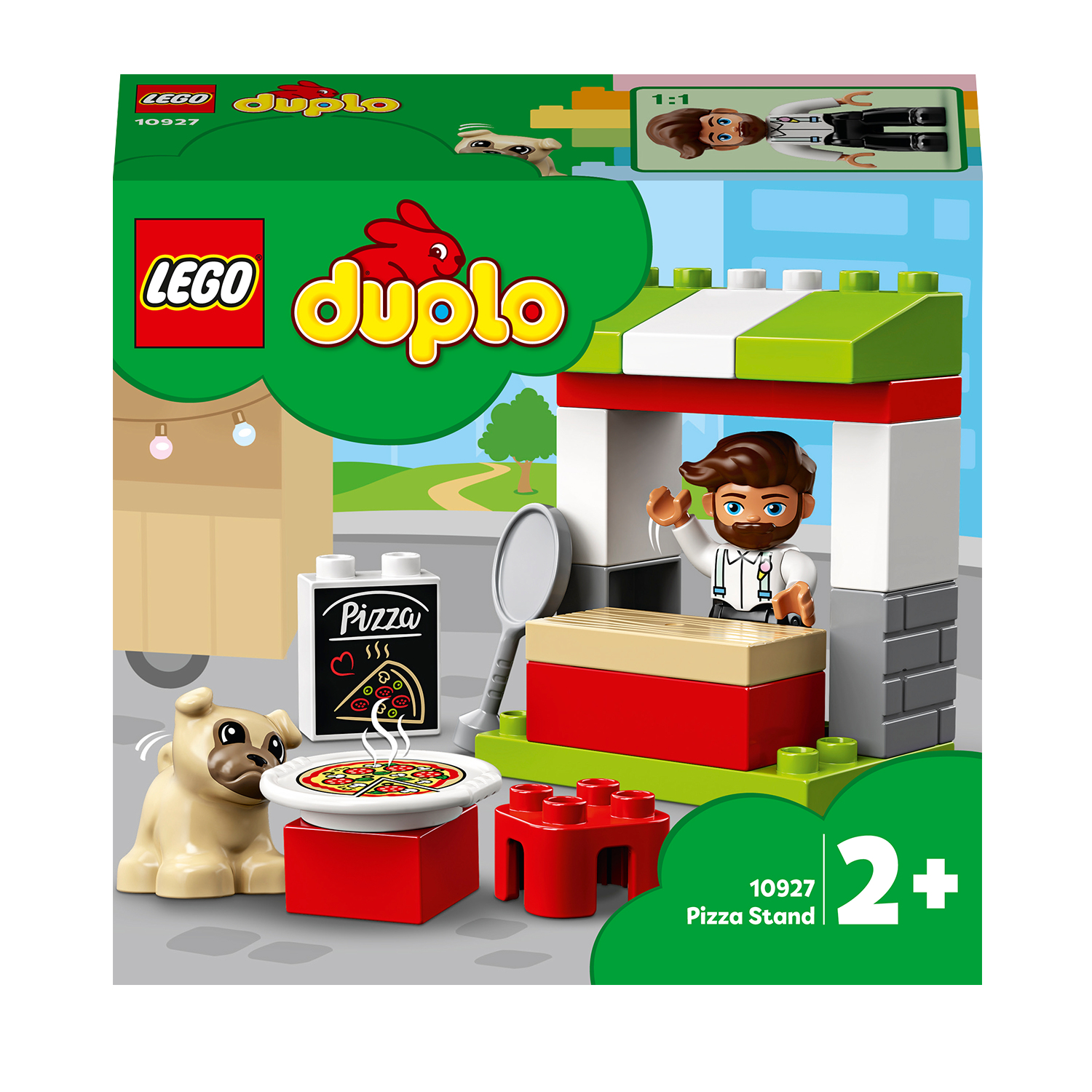 Lego Duplo Pizza Stand Set mit Pizza, Hund und Verkäufer. Rote und grüne Farben.