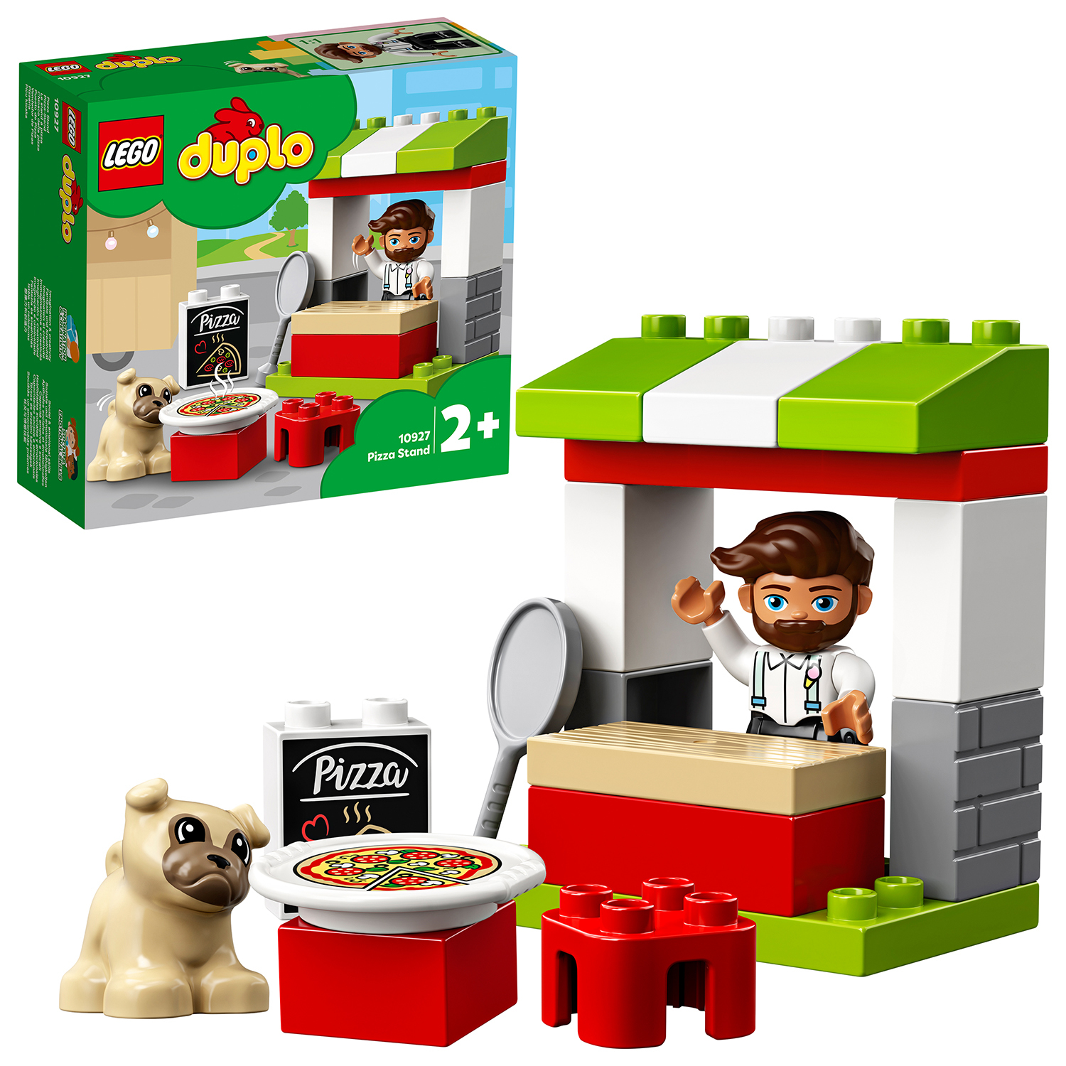 LEGO Duplo Set: Pizza-Stand mit Koch, Pizza, Hund und Steinen. Grüner und roter Stand.