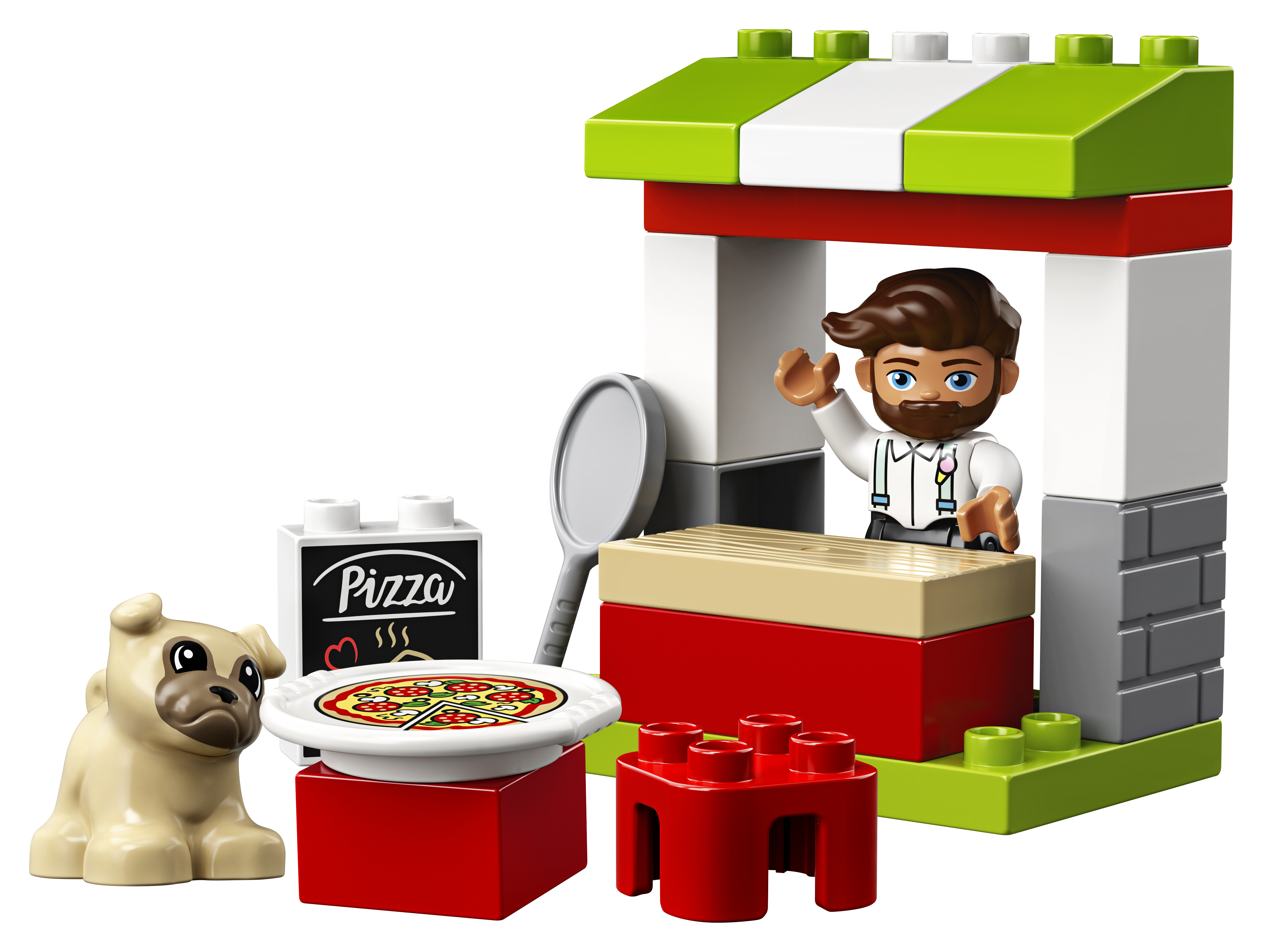 Ein Lego-Pizzaladen mit Pizza, einem Hund und einem winkenden Mann.