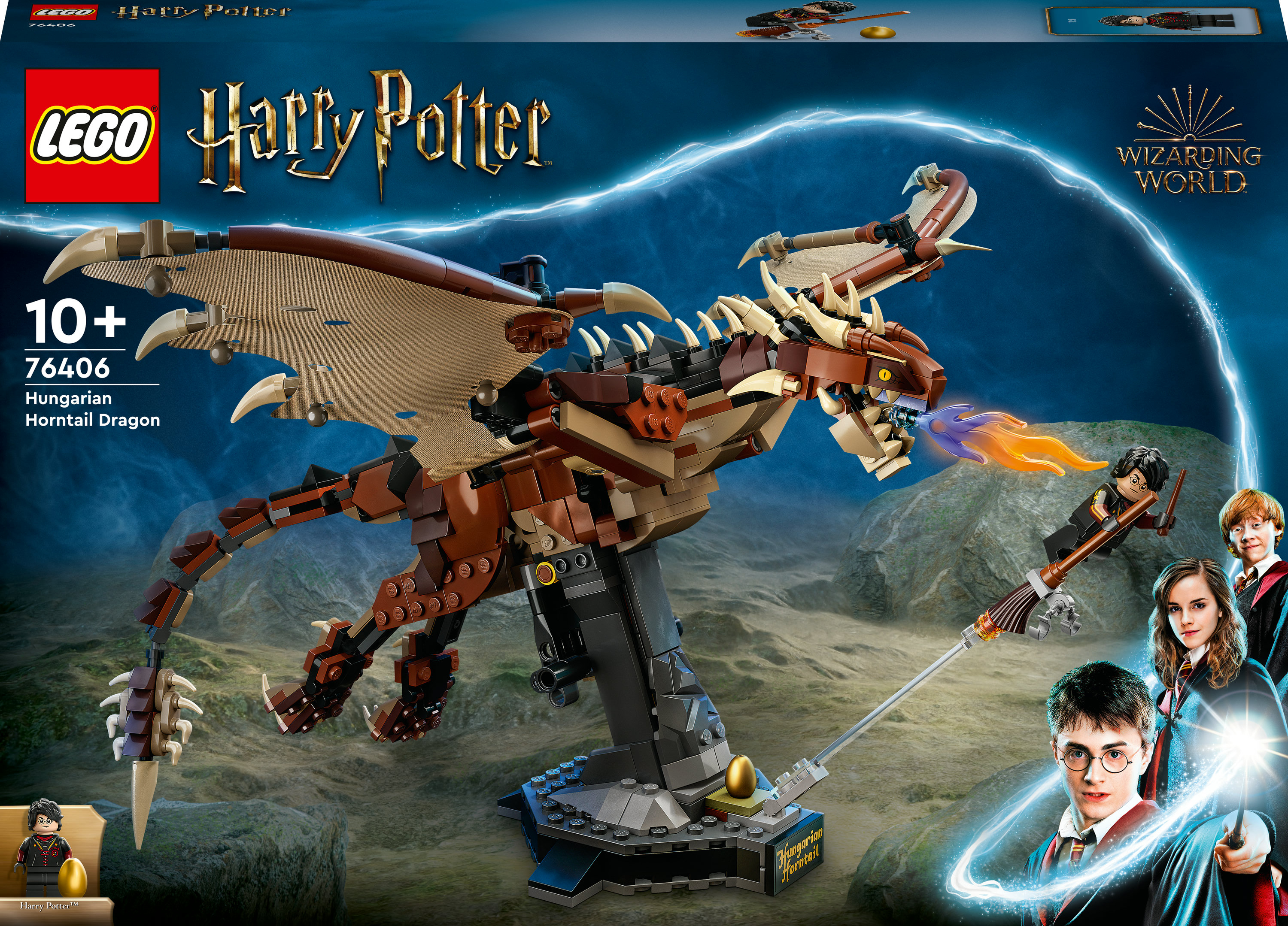 Pudełko zestawu Lego Harry Potter z smokiem, figurkami i zamkiem Hogwart w tle.