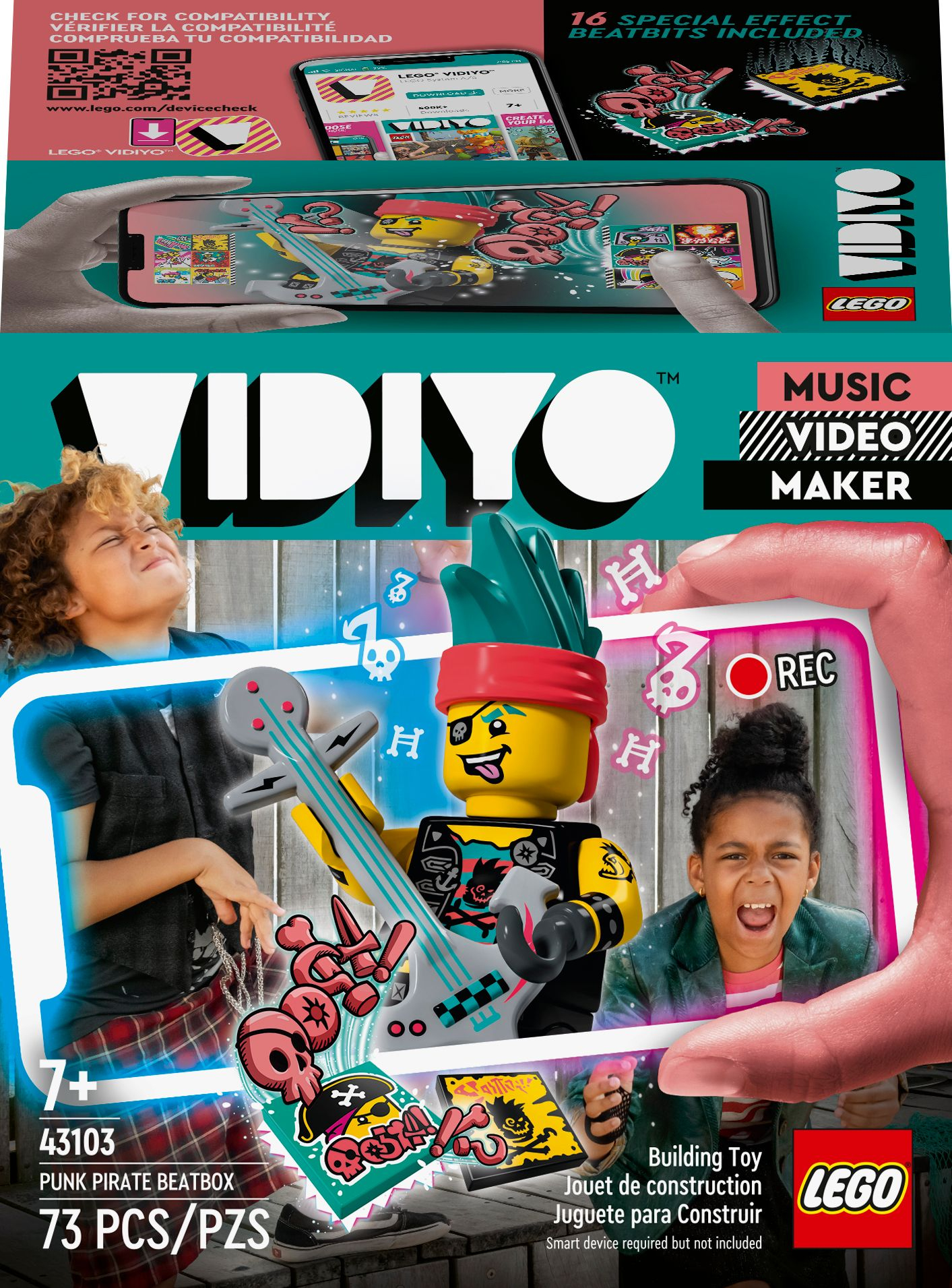 Eine Lego Vidiyo-Box mit Kindern, einem Telefon und Musikfiguren. Text: Musikvideo-Maker.