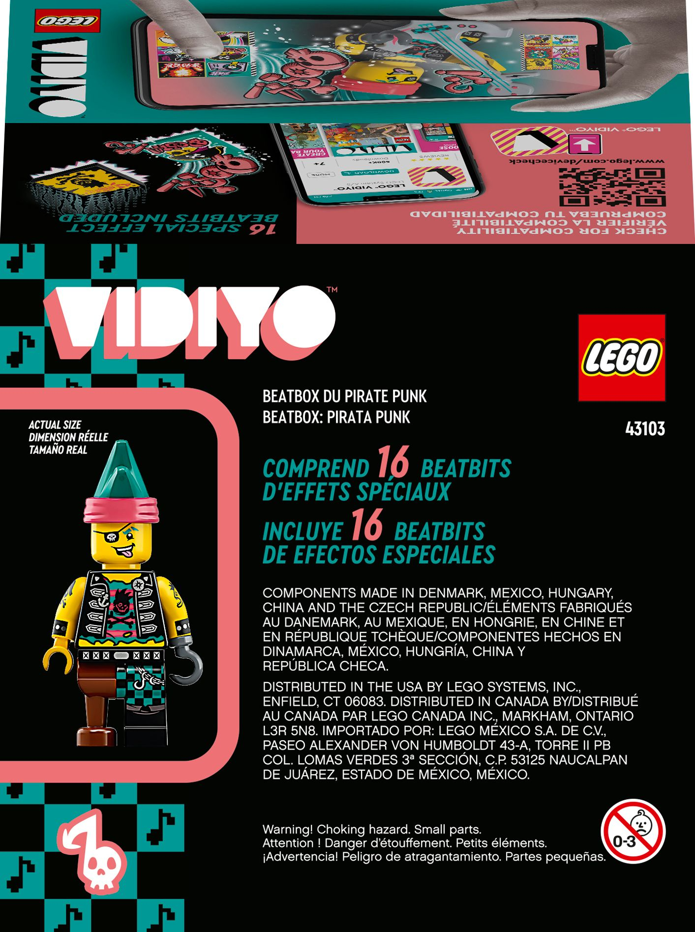 Lego Vidiyo Box mit einer Minifigur und Text in mehreren Sprachen, weißer Hintergrund.