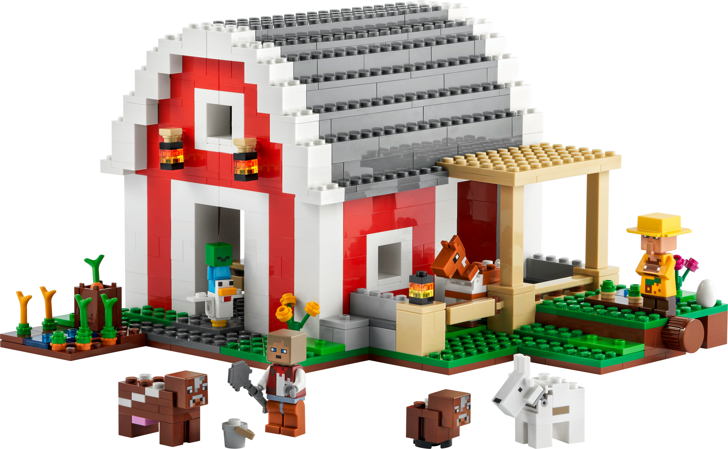 Rote und weiße Lego-Scheune mit Figuren von Tieren und Menschen und einer grünen Landschaft.
