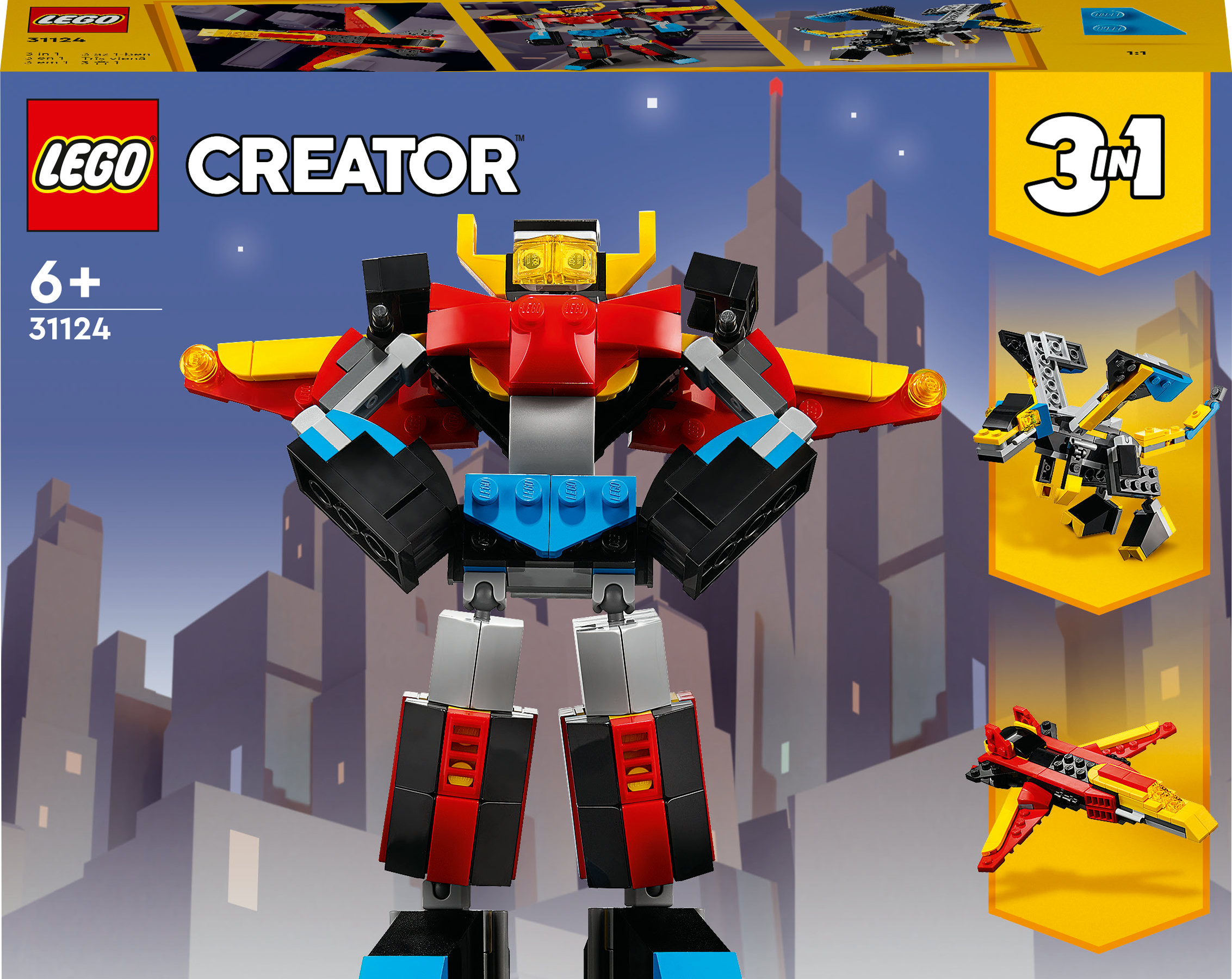 Caja del set LEGO Creator. Un robot rojo, amarillo y negro está en el centro. Fondo azul con ciudad.