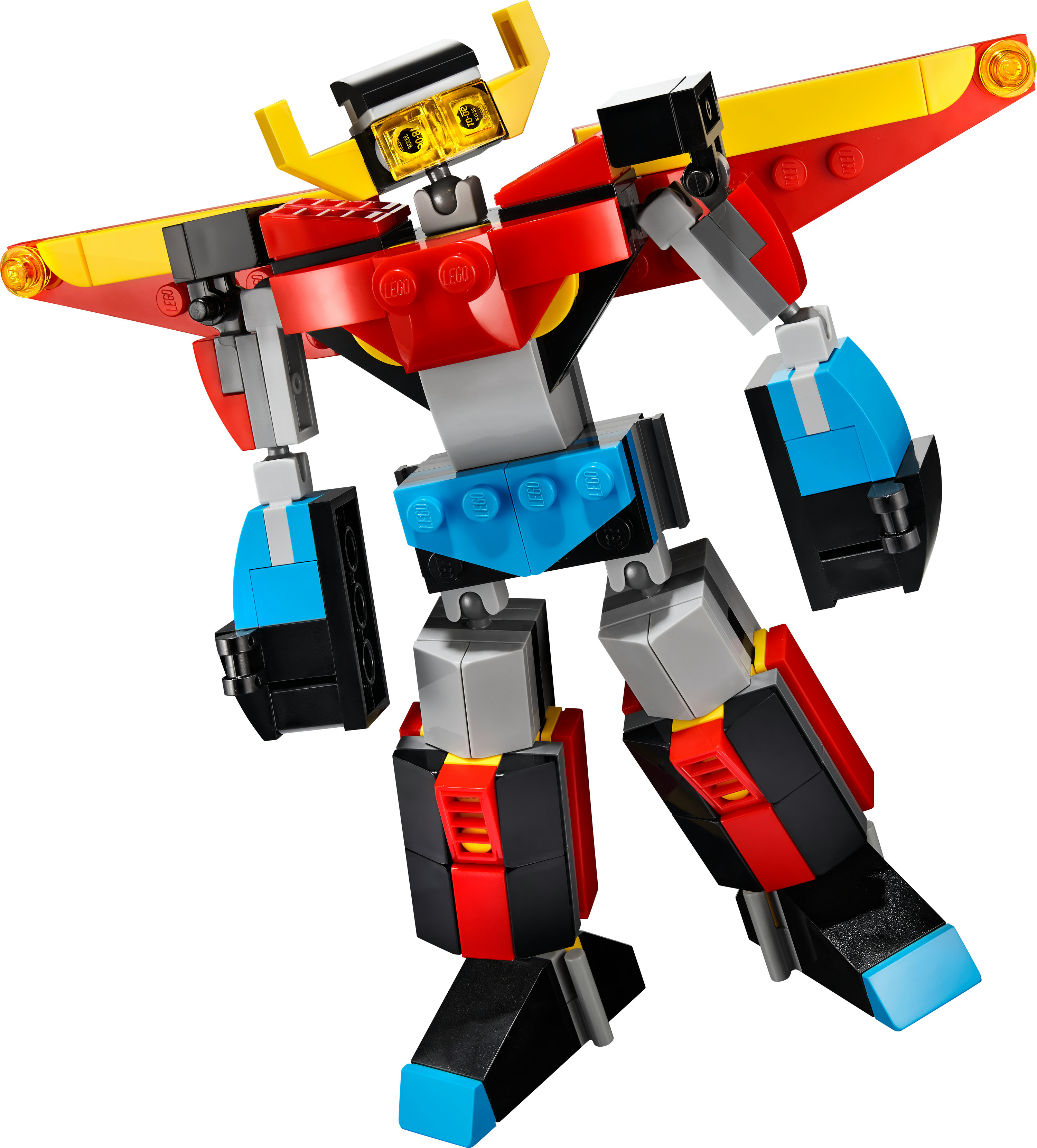 Un robot Lego con bloques rojos, amarillos, azules y negros, posando con brazos y piernas extendidos.