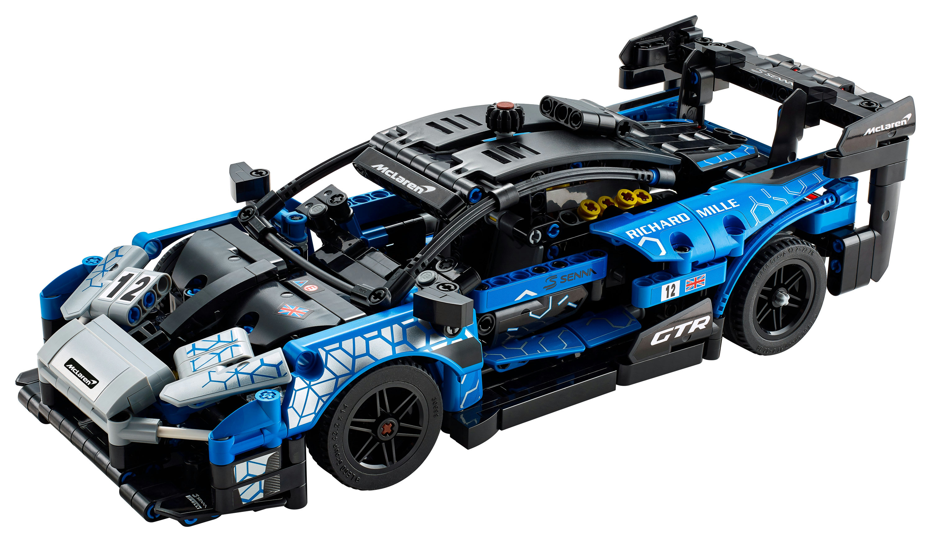 Lego Technic McLaren Senna GTR, niebiesko-czarny model samochodu wyścigowego.