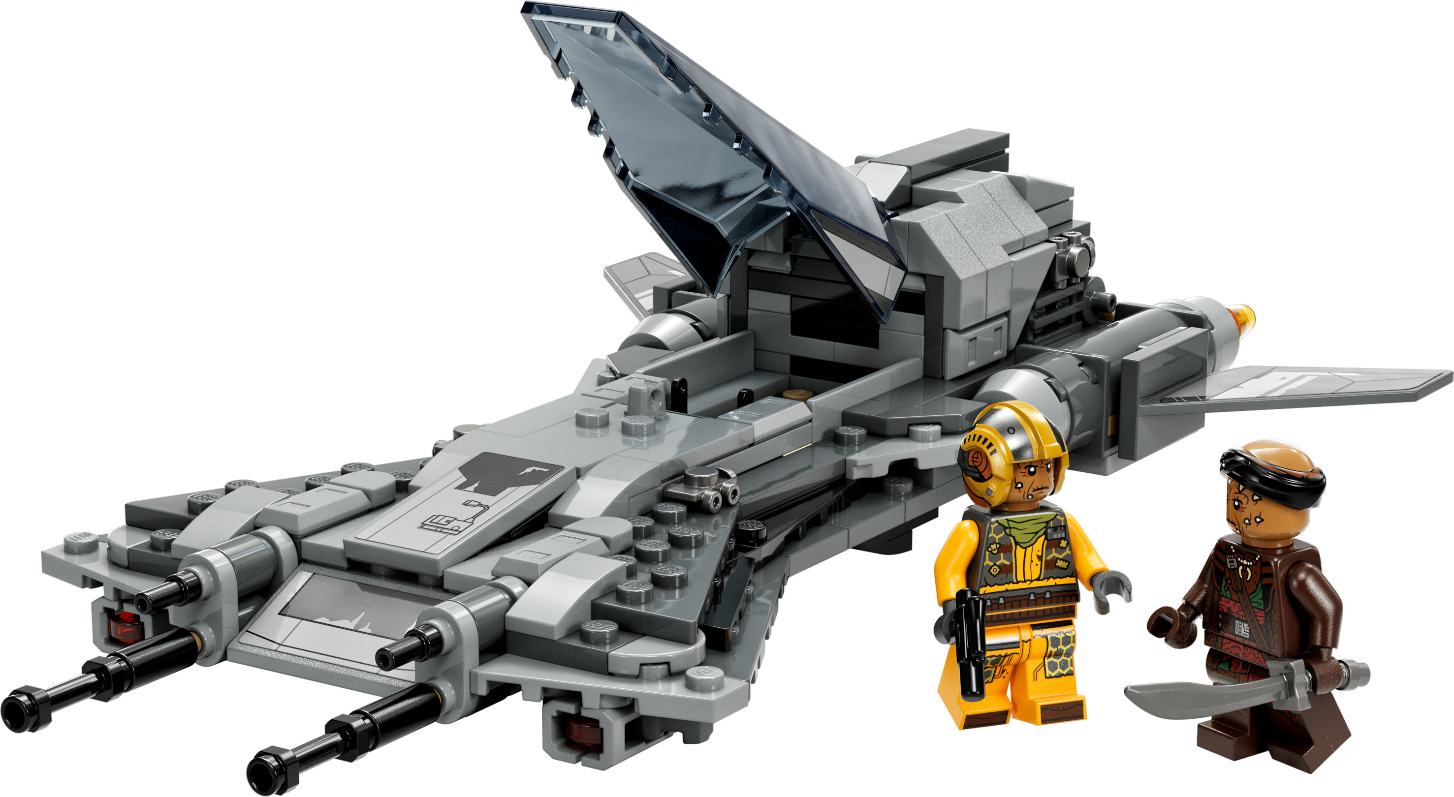 Una nave espacial Lego gris con dos minifiguras con ropa amarilla y marrón.